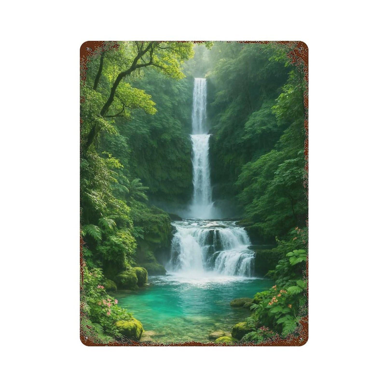 Rust Effect Lush Waterfall in A Green Forest Aged Metal Wall Plaque 15.7"x11.8", Shabby Chic Decor for Living Room, Hallway And Home Decor