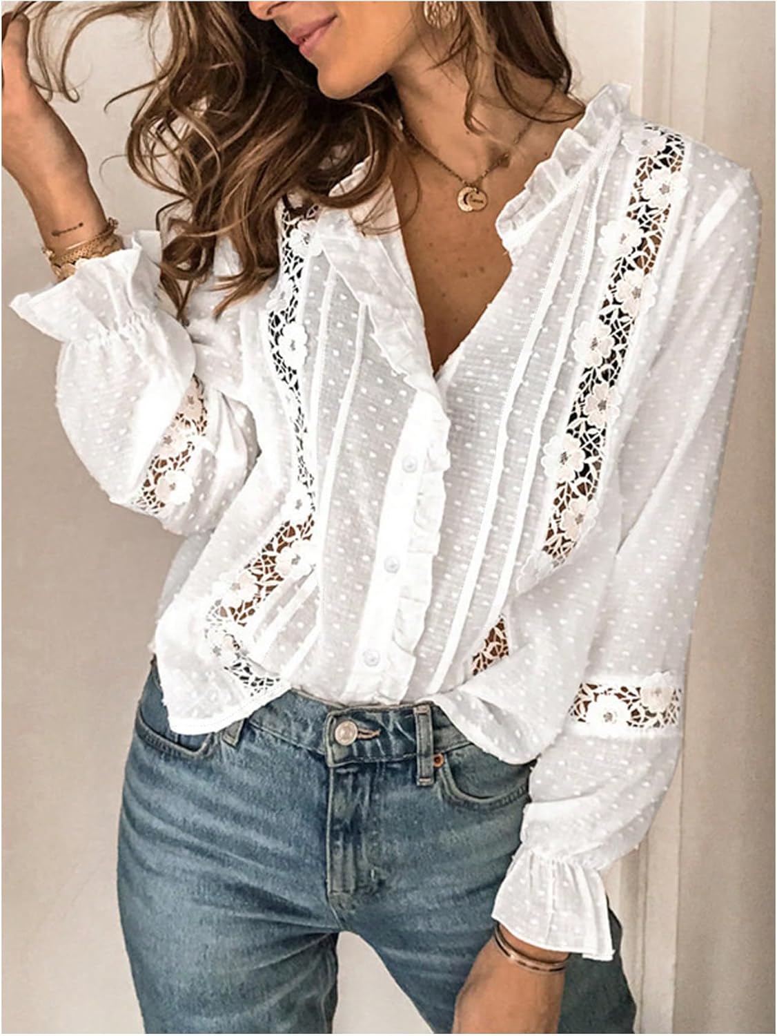 SHENHE Women's Lace Crochet Tunic Tops Casual Flowy Hollow Out V Neck Button Down Blouses Shirts 2025 - Image 2
