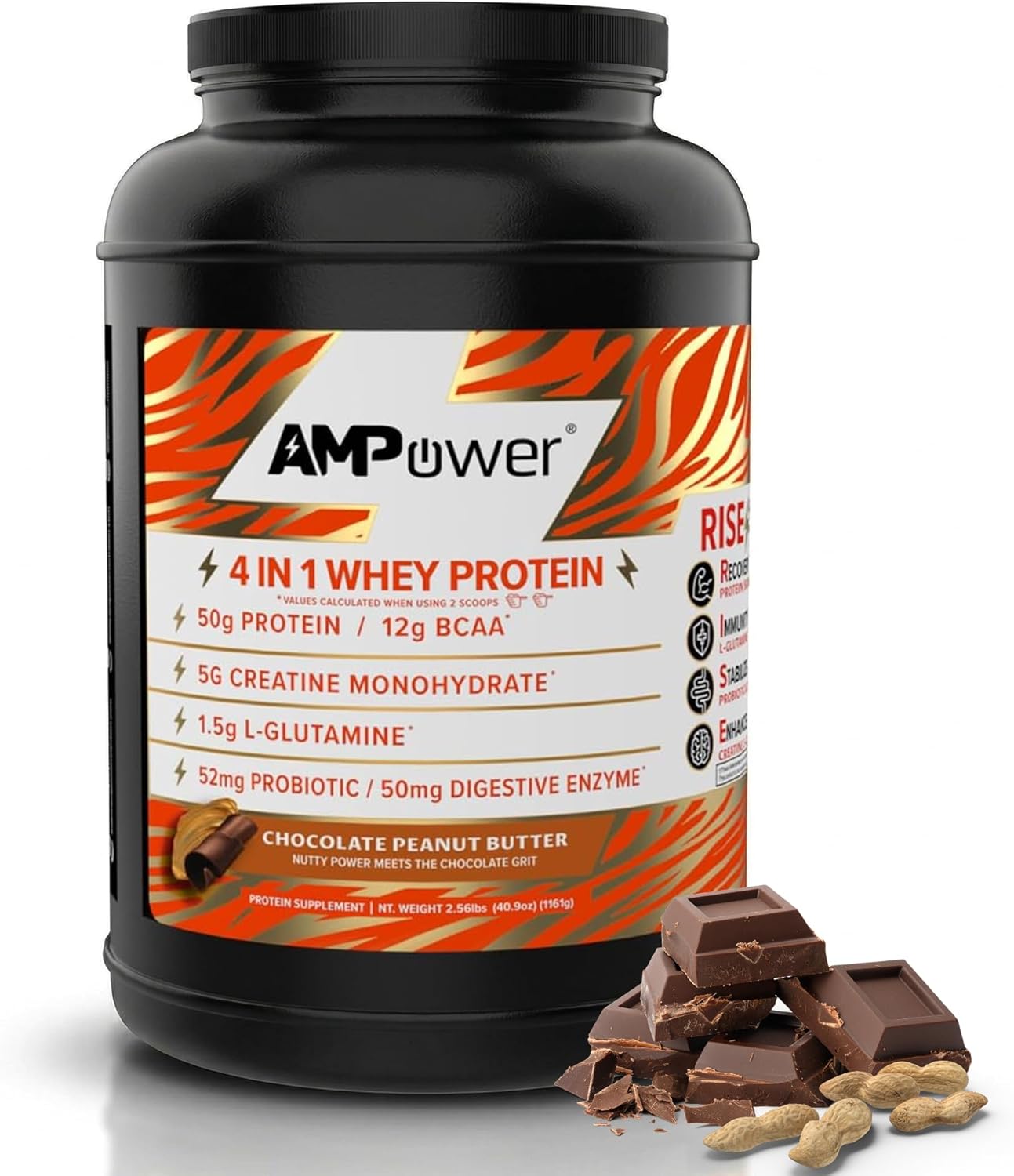 Chocolate Peanut Butter Whey Protein Powder - R.I.S.E Formula Designed by Athletes - 50g Protein, BCAA, Creatine, L-glutamine, Probiotics & Digestive Enzymes - Whey Isolate Protein Powder 30 Servings