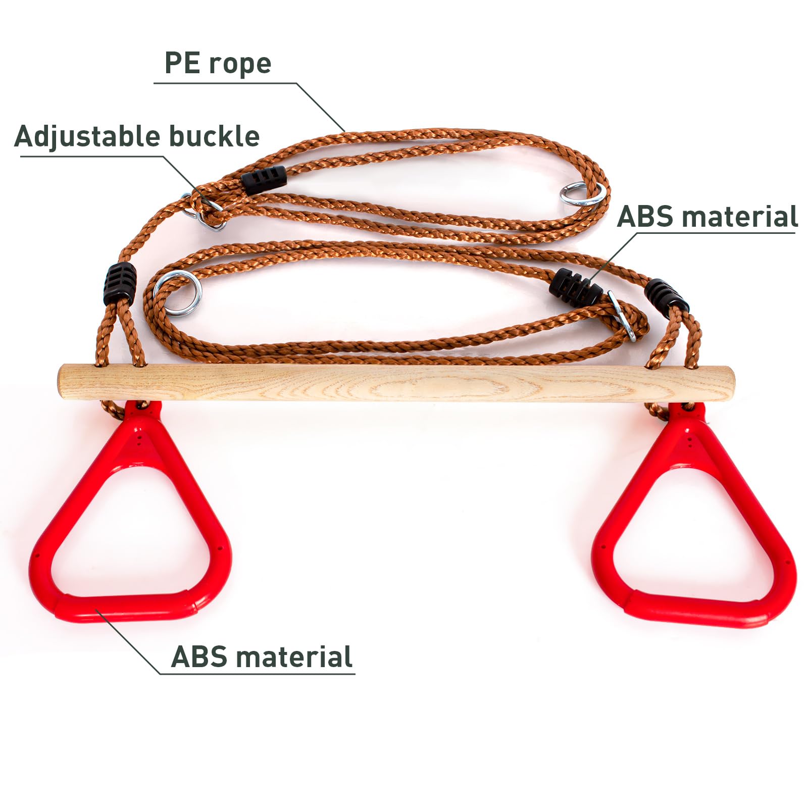 Leogreen - Trapezio in Legno con Anelli da Ginnastica, Barra per Trazioni per Fitness all'Aperto, Colore Rosso