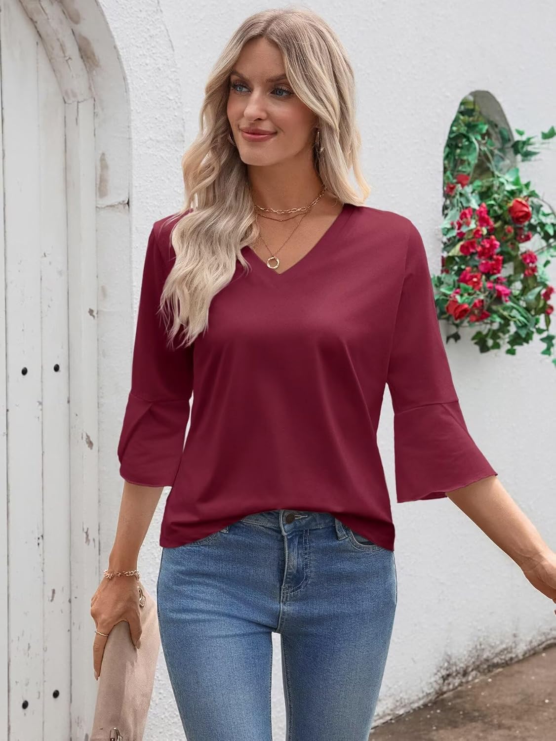 Valiamcep T Shirts Short Ruffle Sleeve V Neck Tees Womens Tops Beach Vacation 2026 Casual Summer Spring Outfits - Image 4