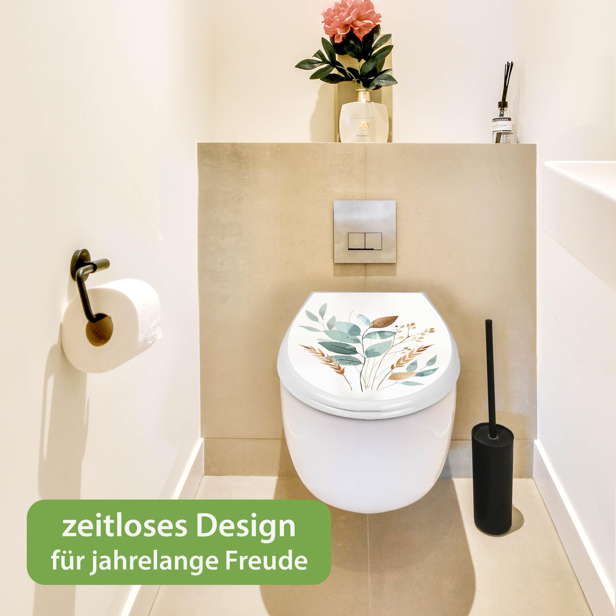 banjado Familien WC Sitz mit Absenkautomatik 44,9x37,1cm - Klobrille mit Kindersitz aus hochwertigem Polypropylen - Toilettendeckel mit Kinder Toilettensitz integriert - Motiv Minimalistische Blätter