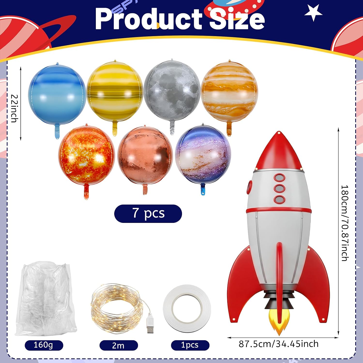 Condition photo showing New/Like New for thenshop space classroom galaxy decor back to school supplies, 34.45 x 70.87 inch rocket ship backdrop banner solar balloons led fairy lights for preschool kindergarten class decor