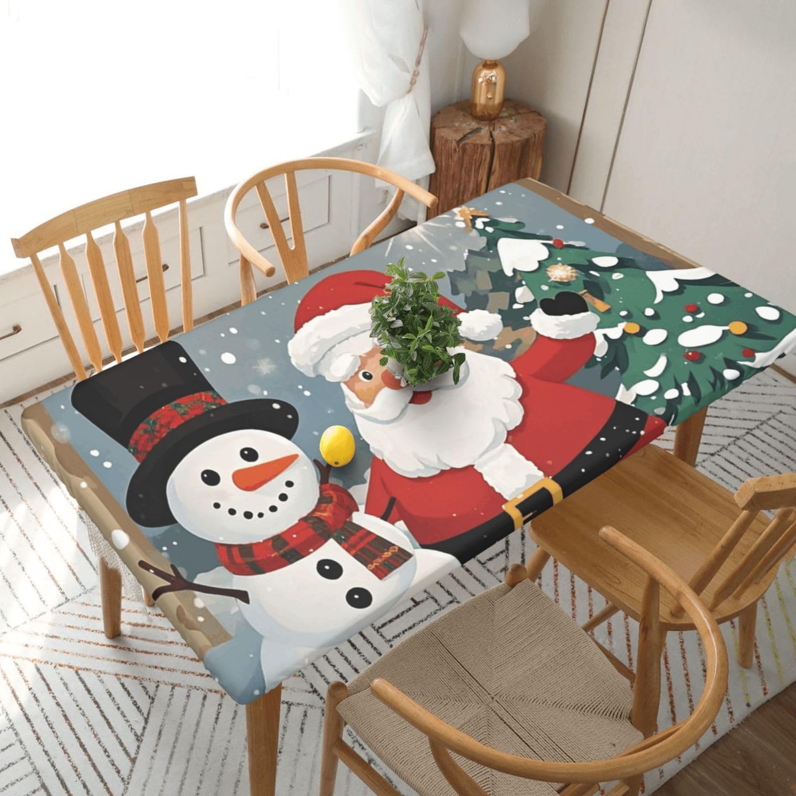 Fodpand Black Santa Claus Snowman Spandex Fitted Tablecloth For 5 Foot Rectangle Tables,Waterproof Picnic Table Cover Stretch Table Cloth Washable Table Protector For Picnic, Camping, Outdoor
