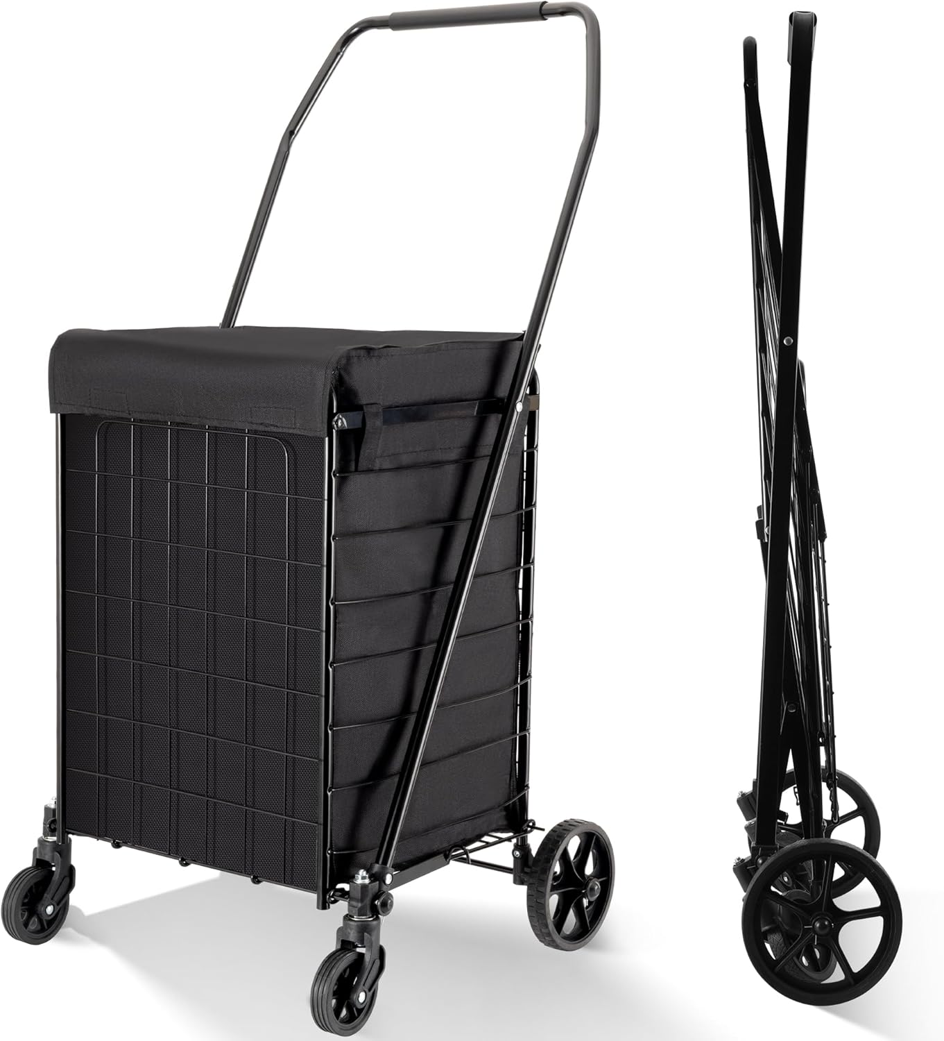 Folding Shopping Cart with Waterproof Liner, Grocery Cart Large Bag with Top Cover, 100 Lb Capacity, Utility Cart with 360 Rolling Swivel Wheels, Medium