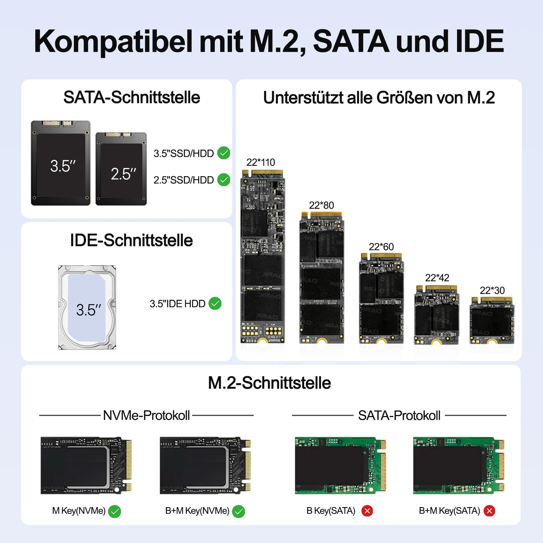 SUIDEK NVMe M.2 zu SATA Adapter, USB 10Gbps Festplattenlesegerät, PCIe NVMe, SATA und IDE Adapter, SSD Gehäuse unterstützt M.2(M Key&M+B Key) SSDs Aller Größen, 2,5/3,5 SATA SSD HDDs und 3,5 IDE HDDs