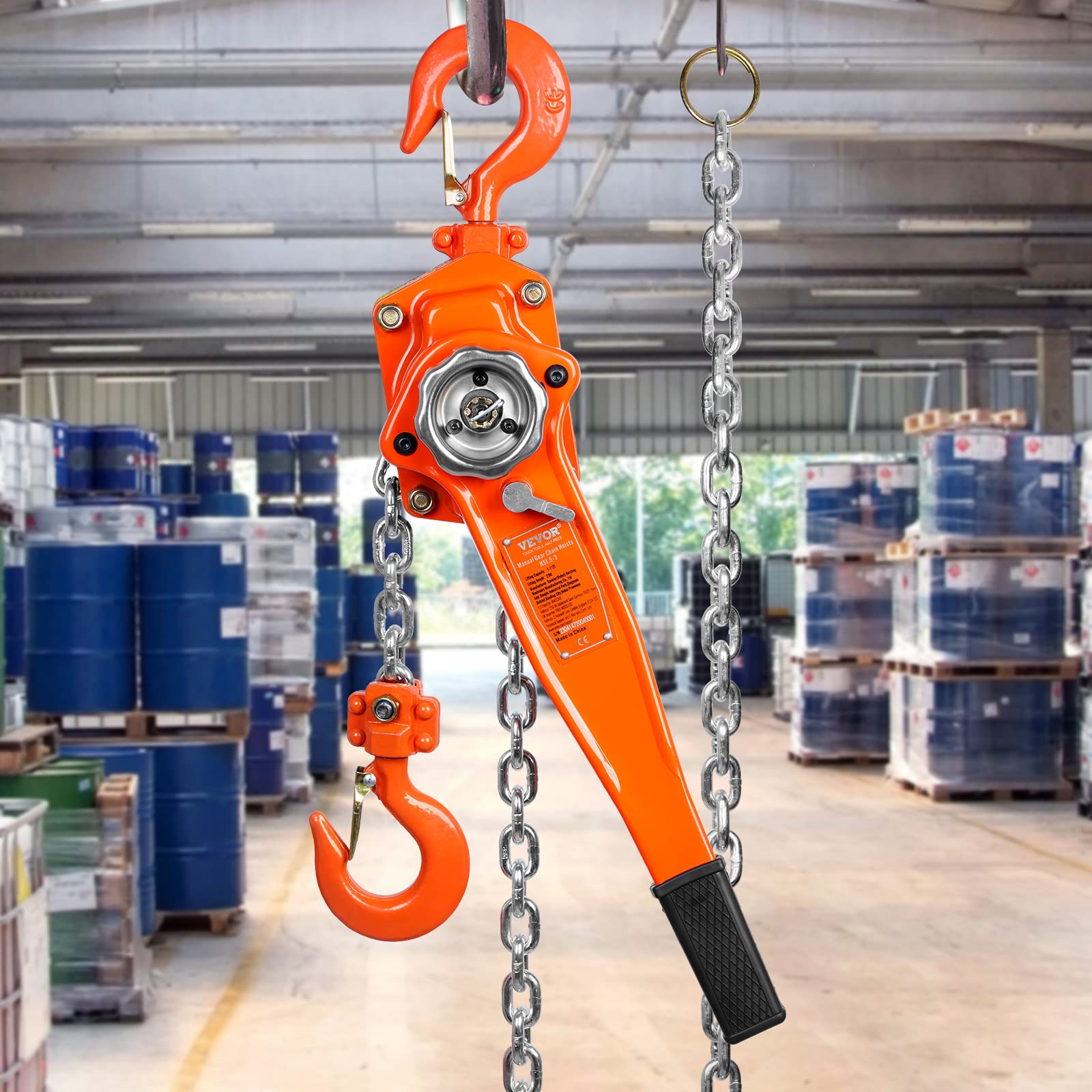 VEVOR Palan à Levier Manuel 1,5 T Palan à Chaîne à Cliquet Manutention Levage 5,8 m Acier au Carbone G80 Frein Weston Double Cliquet Guidage de Chaîne Crochet 360° pour Marchandises Garage Quai Usine