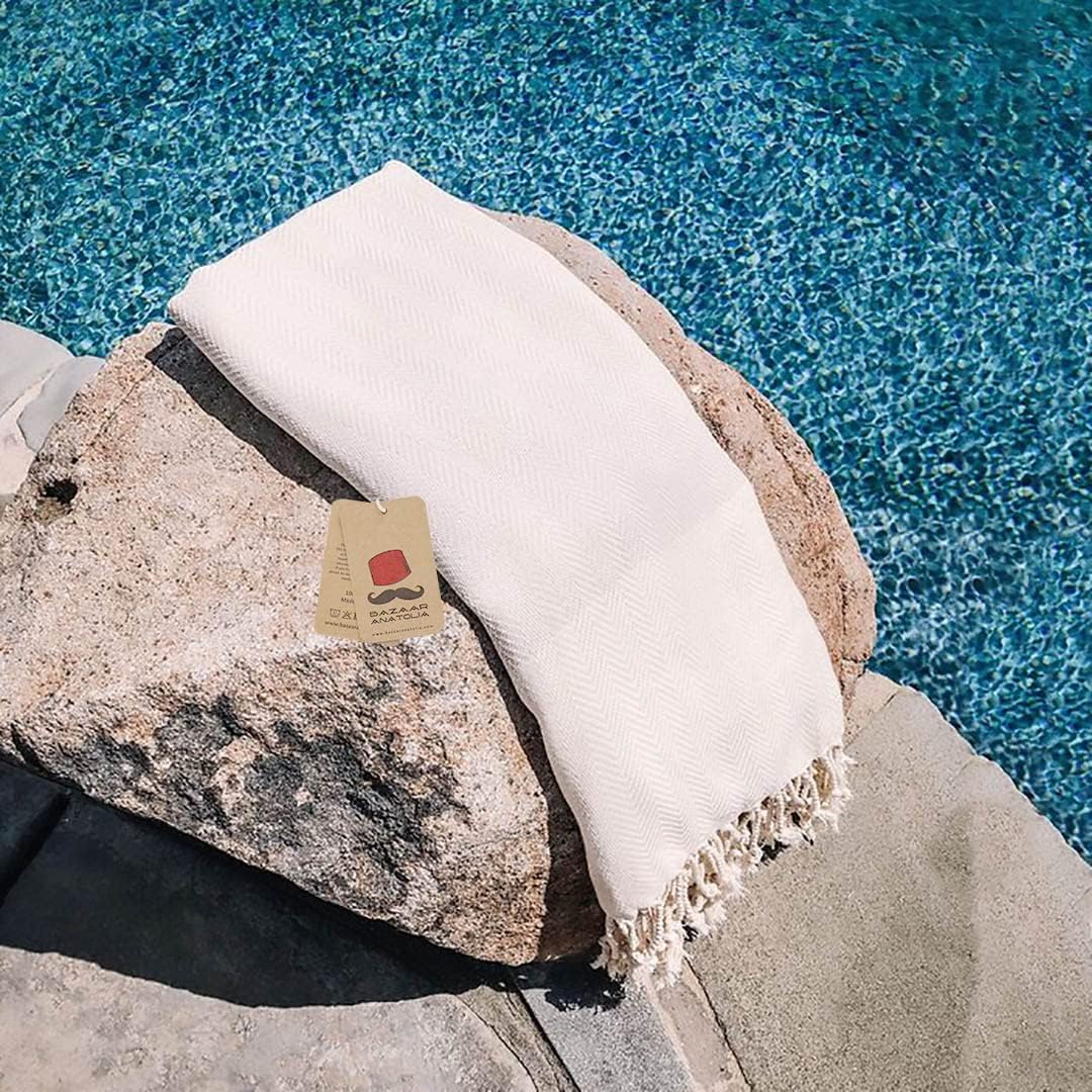 Bazaar Anatolia Turkish Beach Towel 100% Cotton Bath Towels 71x39 Quick Dry Sand Free Lightweight Large Oversized Herringbone Beige