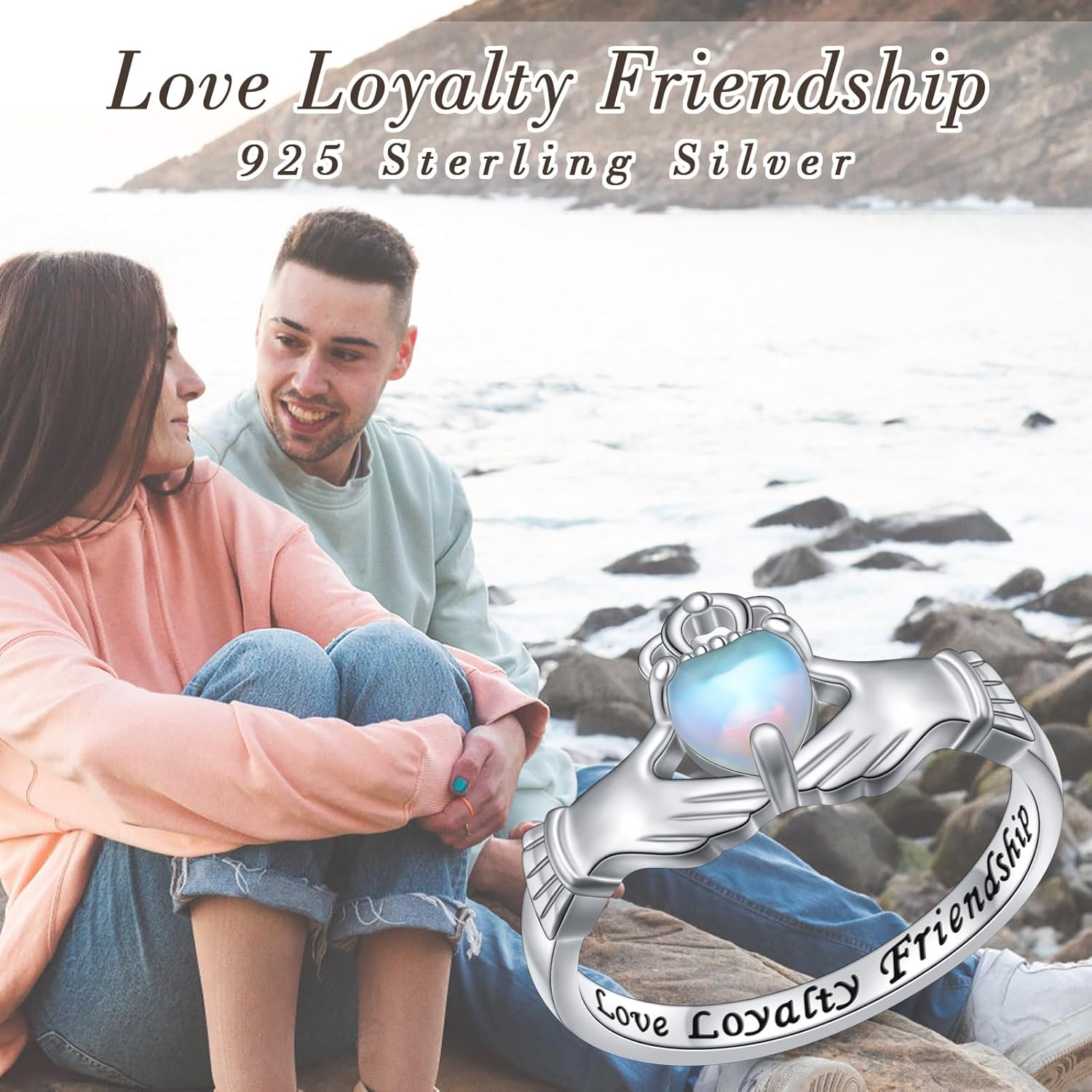 925 Sterling Silver Moonstone Claddagh Ring Engraved Love Loyalty Friendship Jewelry Gift for Women Size 7 - Image 4