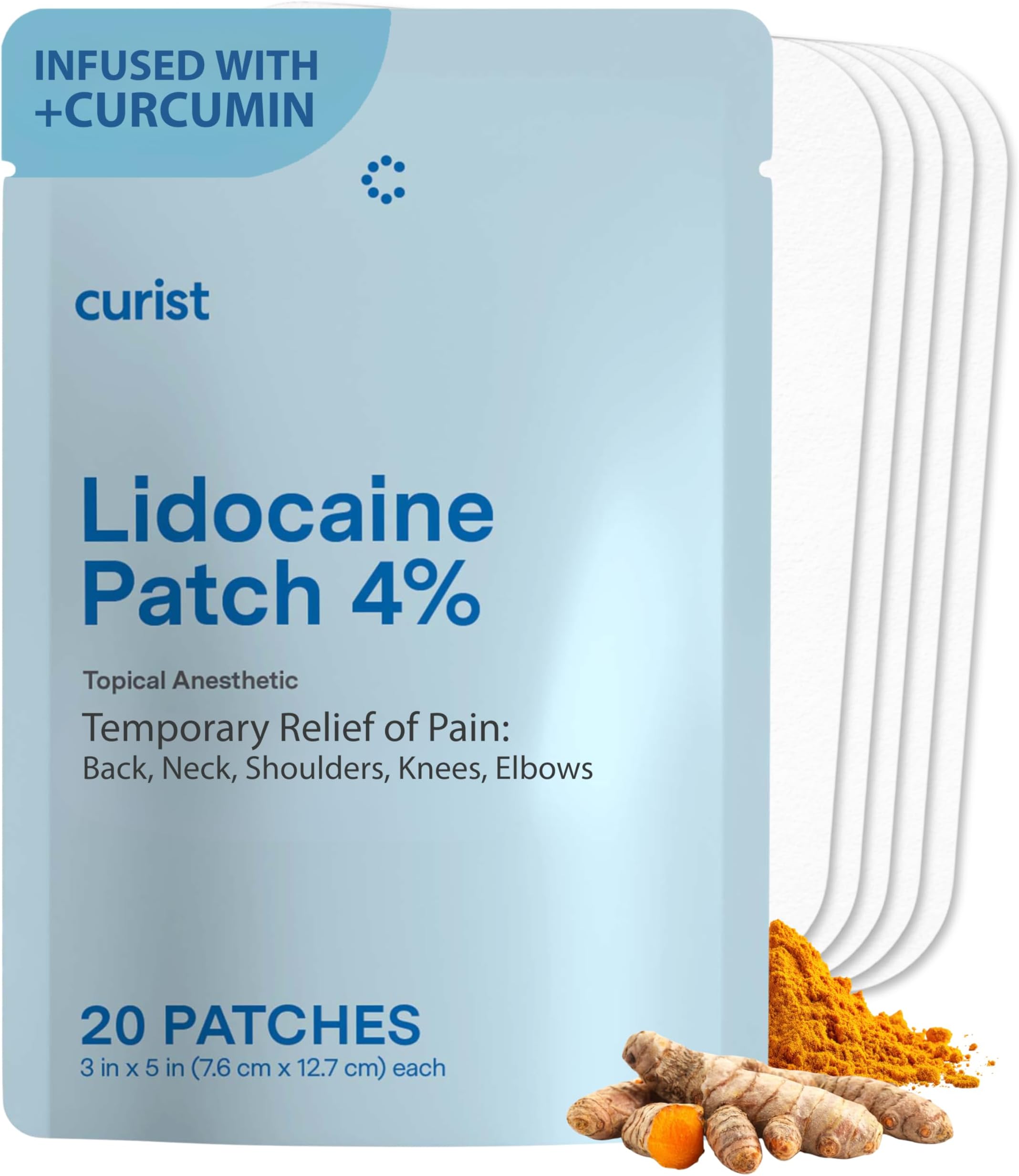 Curist Lidocaine Patches Maximum Strength with Curcumin - Numbing Topical Pain Relief for Back Relief, Neck Relief, & Sore Muscle Relief (Pack of 20 Pain Patches 3"x5" 4% Lidocaine Patch) New Formula
