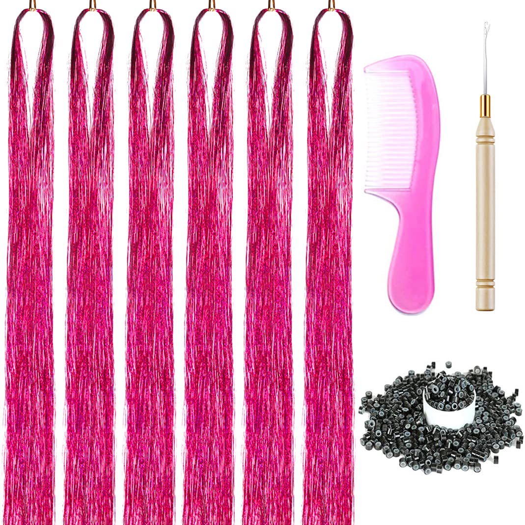 43 Inch Hair Tinsel Kit with Tools 6 Packs 1200 Strands Tinsel Hair Extensions for Women and Girls Heat Resistant Sparkling Shiny Glitter Hair Pieces for Christmas Cosplay Party (43 inch,rose)