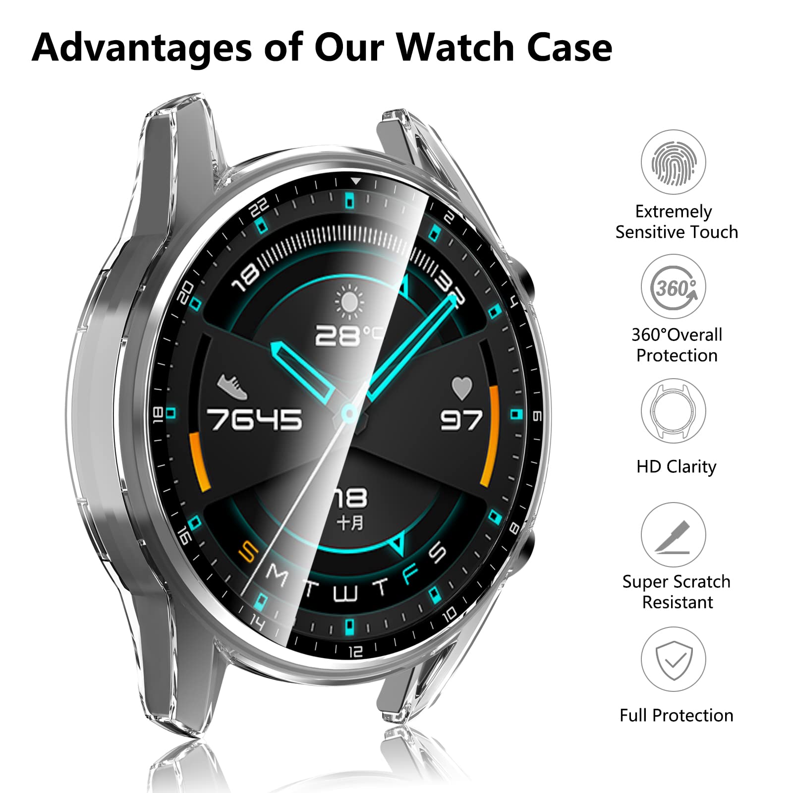 Custodia Protettiva Per Huawei Watch GT 2 46mm - Copertura PC Con Vetro Temperato, Nera - Foto 6