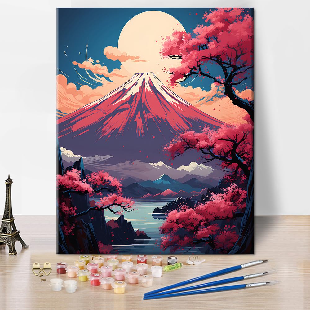 TISHIRON Paint by Numbers Kit for Adults Beautiful Cherry Blossoms Mountain Painting Number, Mount Fuji DIY Art Crafts Canvas Oil Painting Pink Sakura Paint by Numbers, 16x20 Inch — image 1