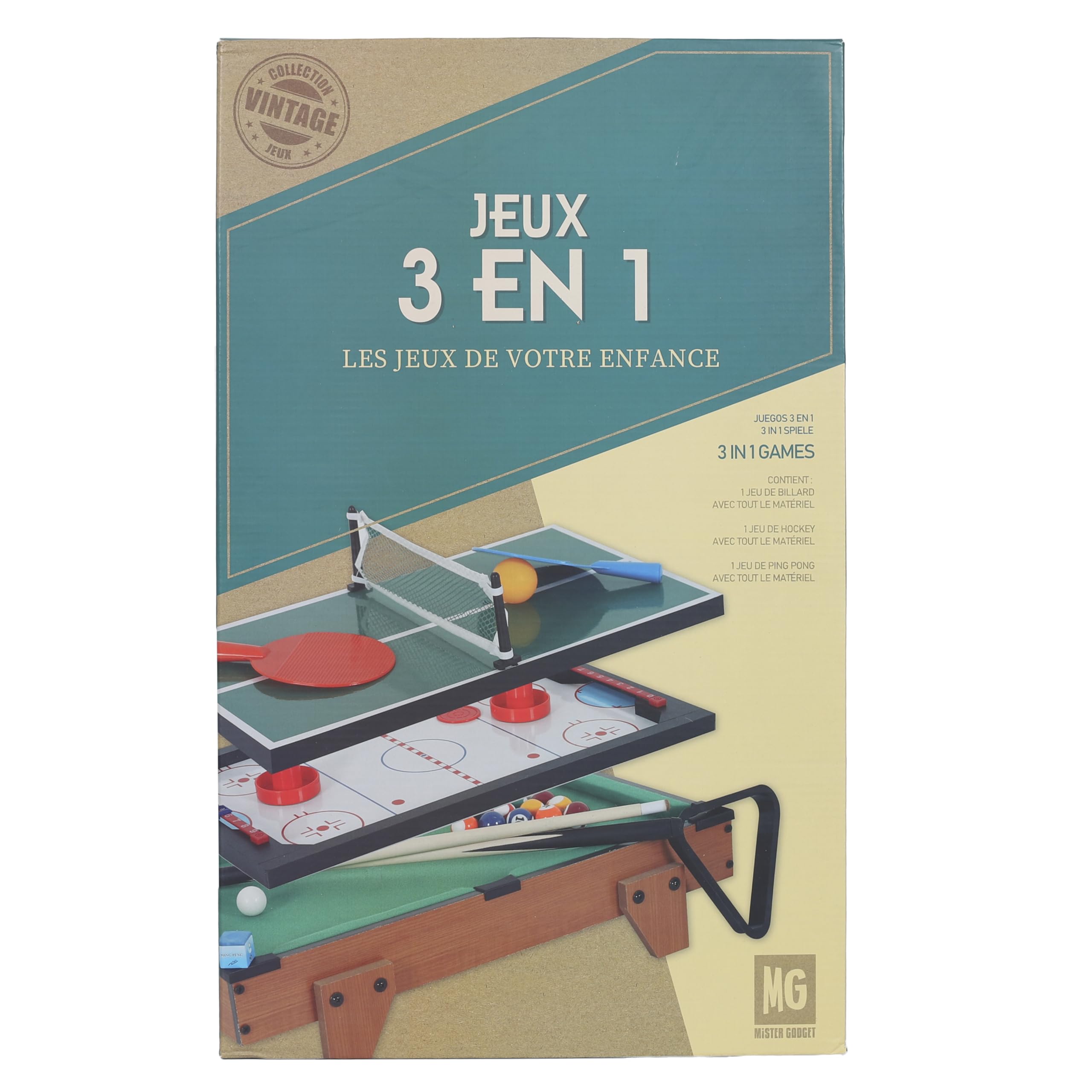 MISTER GADGET, MG3487, 3-in-1-Spieltisch Braun, Grün, Billard, Tischtennis, Hockey, Perfekt für Spieleabende mit Freunden oder der Familie, Lachen und Entspannung sind garantiert.