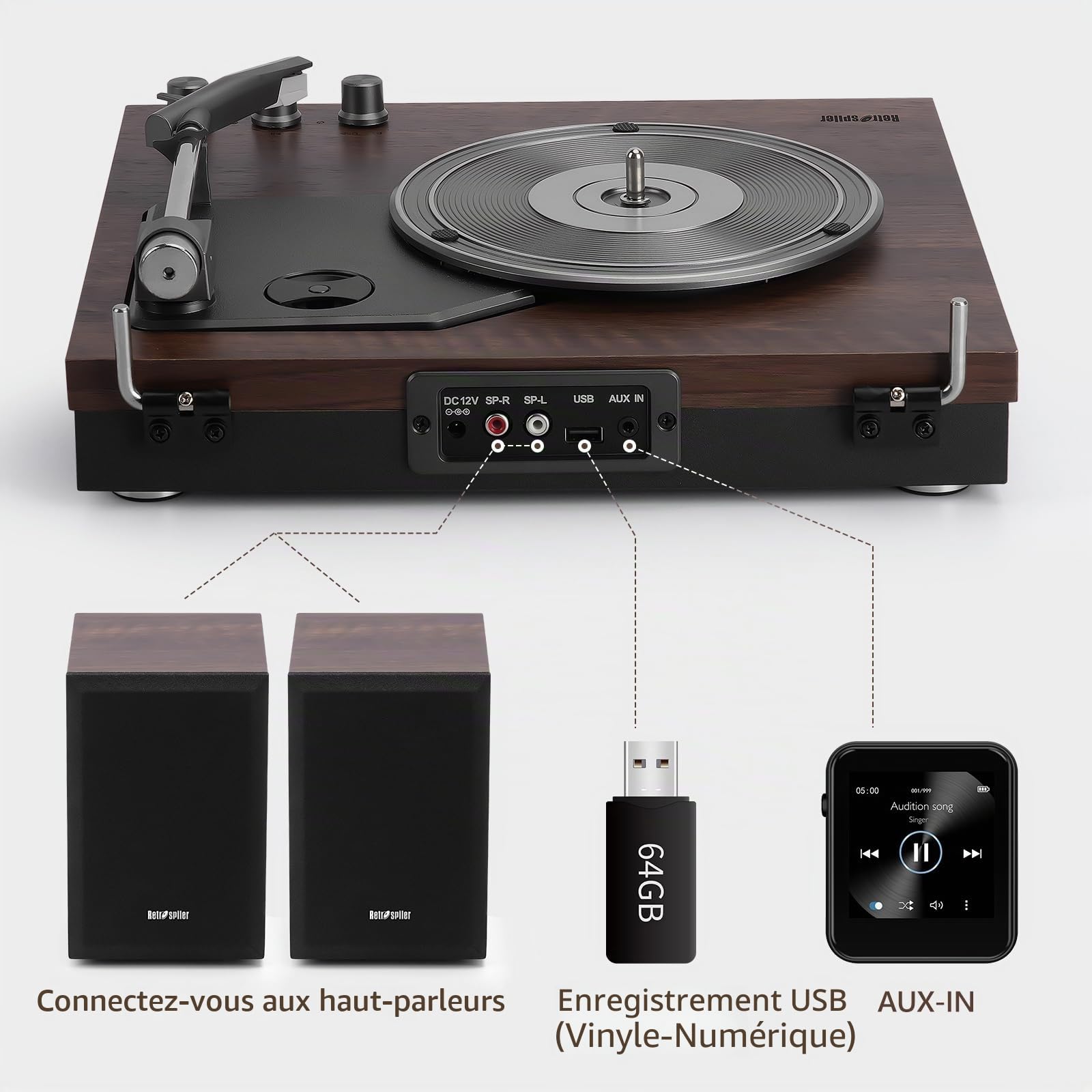Tourne-disque 3 vitesses, 2 haut-parleurs extérieurs 15 W, Bluetooth, entrée auxiliaire, USB, LP-MP3, lecteur vinyle vintage, bois foncé