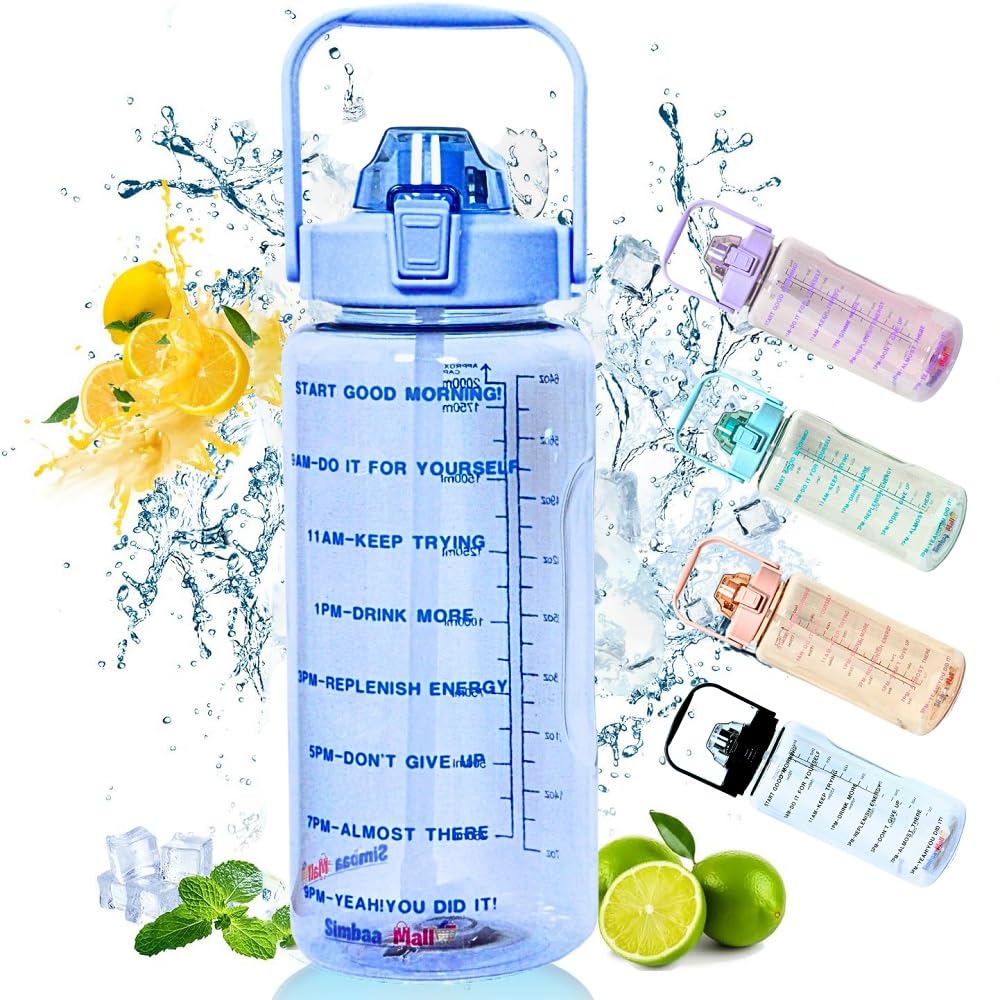 Motivational Large Water Bottle 2 Litre With Reminders Straw & Handle, Water Bottle for Kids, Gym, Sports, Drinking, School, Home, Travel Bottles, Protein Shaker Bottle, |5 Colors (BLUE)