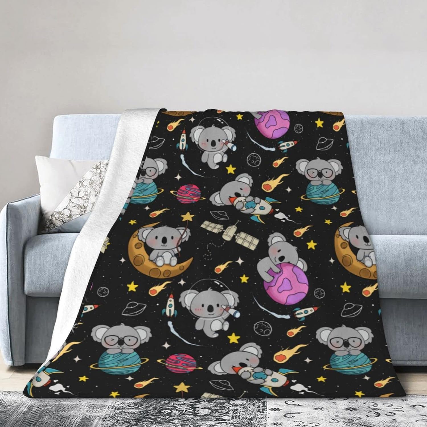 Cute Space Koalas Throw Blanket Lightweight Warm Flannel