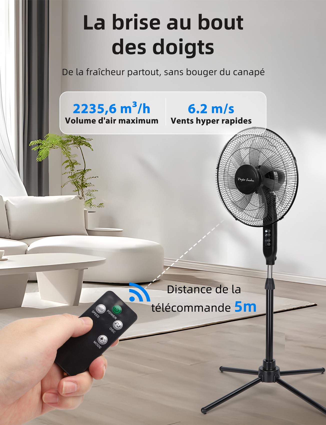 Taylor Swoden Ventilateur sur Pied avec Télécommande, Minuterie 9h, 50W Ventilateur Silencieux Puissant, 3 Modes/3 Vitesses, 7 Pales Oscillantes 70°, Hauteur Réglable 115-130cm