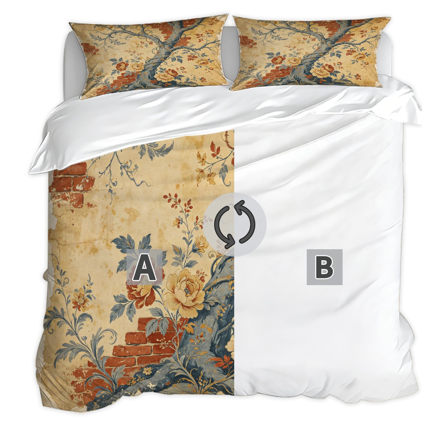 Set Copripiumino Singolo 155x200 cm Fiori Intrecciati Pastorale Retrò Set di Biancheria da Letto in Morbido Traspirante Microfibra 3D con Copripiumino e 2 Federe 50x80 cm Beige G-1795