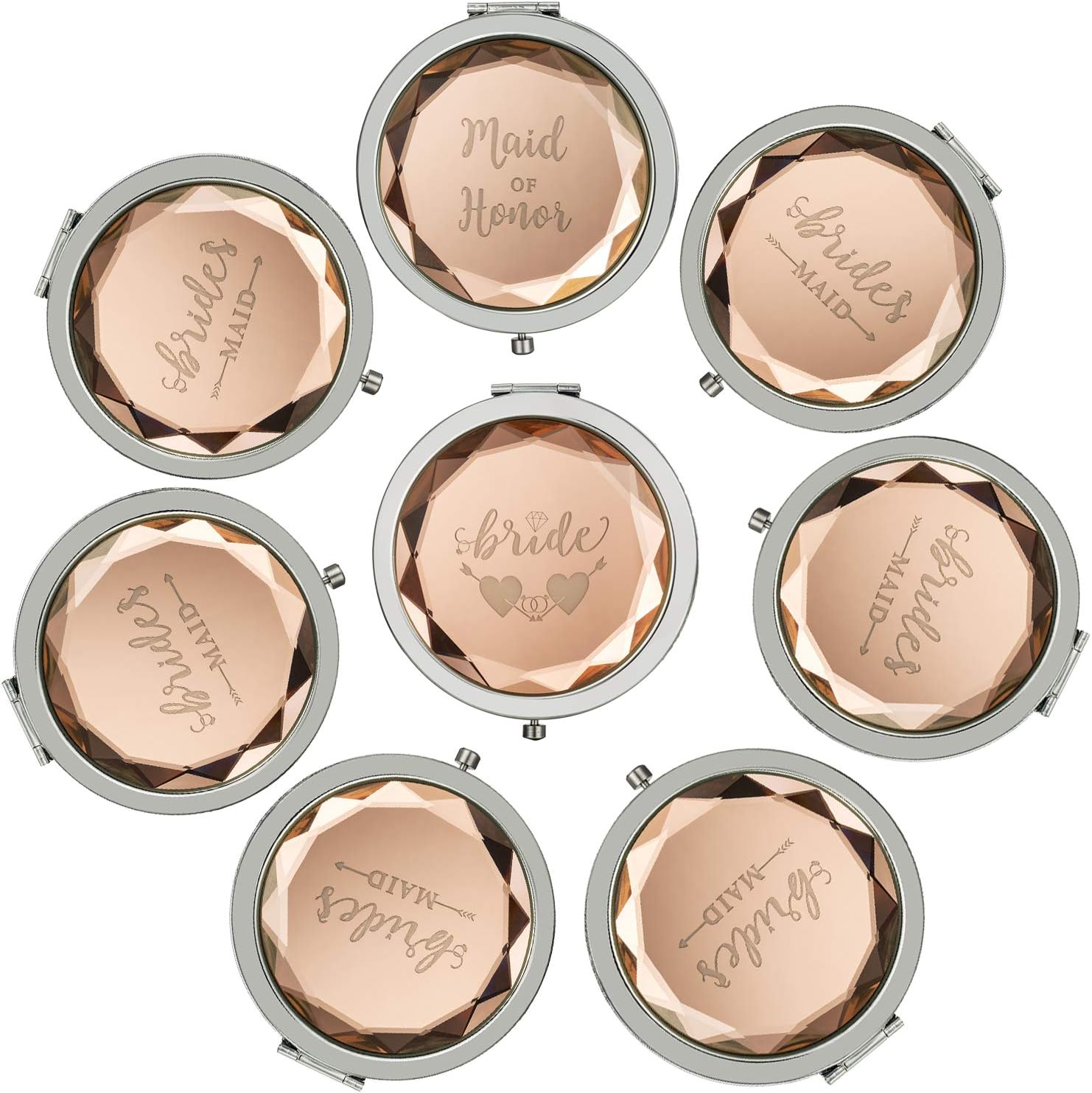 Compact Mirrors,Wedding Gifts for Bride,1 Bride 1 Maid of Honor 6 Bridesmaid Makeup Mirrors and 8 Gift Bags for Bachelorette Party Gifts for Bride,Party Bridesmaid Proposal Gifts (Champagne)