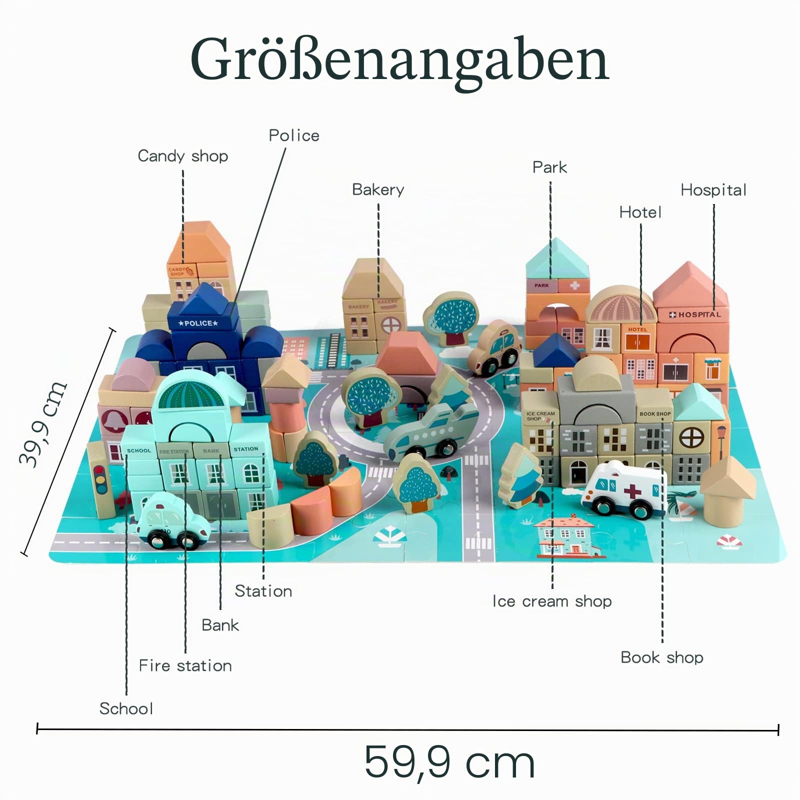 Jacootoys Holzbausteine ​​Kinder 133 Stück Stadtbau Konstruktionsspielzeug Alphabet Nummer Bauklötze im Baumwollbeutel Jungen Mädchen ab 3 Jahre