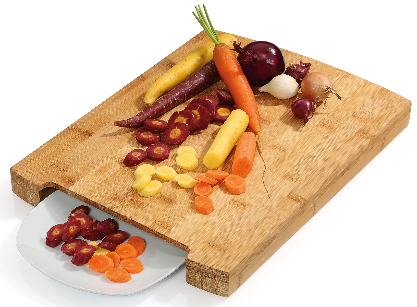Zassenhaus Schneidbrett mit Auffangschale, 40x30 cm, Bambus und Edelstahl | Küchenbrett aus Bambus, Meal-Prep-Zubereitung, trennbare Edelstahlschale, für Gemüse und Obst, nachhaltig