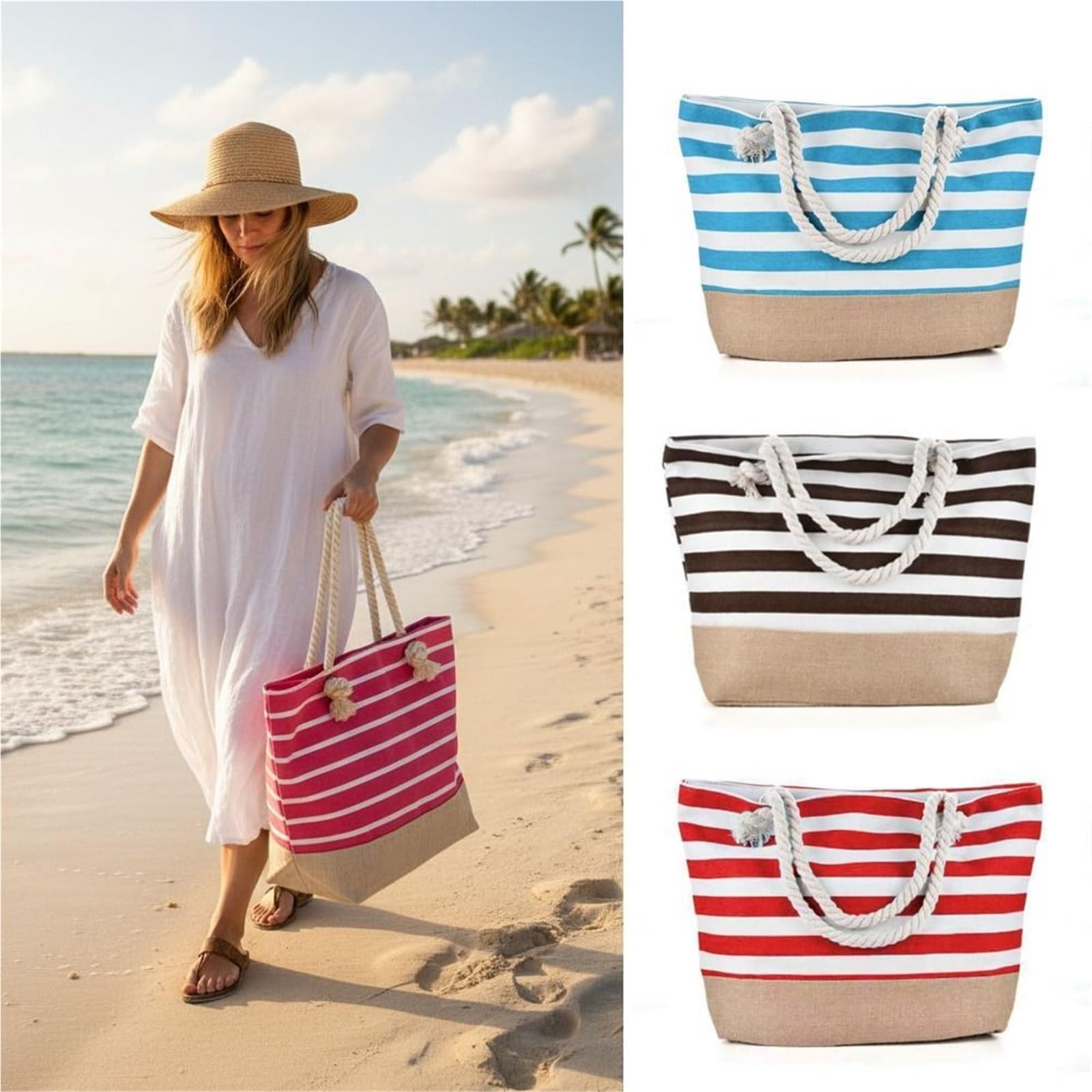 Bolso Tote De Playa A Rayas Gran Capacidad