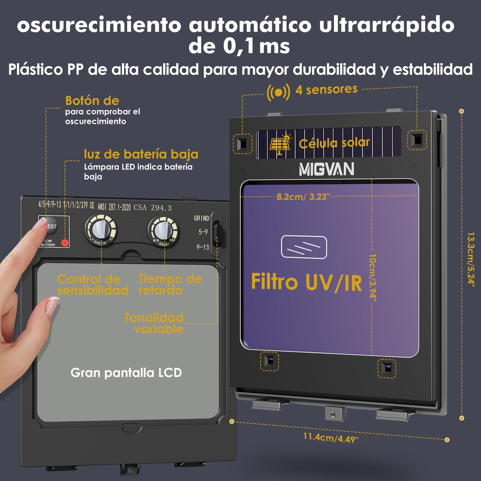 Careta Soldar Automática 0,1 ms oscurecimiento automático – Máscara Soldar True-Color, 100×82 mm, Solar y batería, DIN 4/5-9/9-13 – Careta de Soldar MIG TIG MMA ARC Esmerilado H21