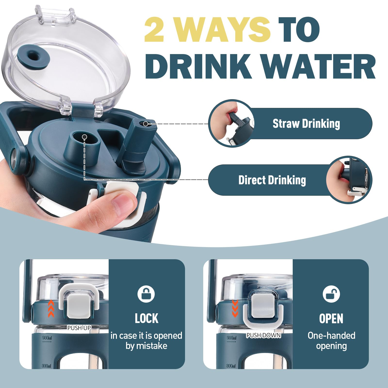 BLUEGO 960ml Bottiglie d'acqua in vetro con cannuccia e indicatore del tempo Bottiglia d'acqua sportiva grande con custodia in silicone 0,96 litri Brocca d'acqua in vetro per palestra, Blu scuro