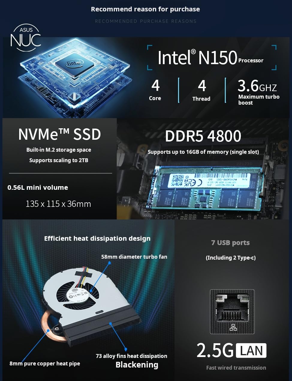 NUC 14 Pro NUC14MNK150 - Mini computer desktop/HTPC di 14a generazione, Intel Core 3 100U, Intel UHD Graphics (N97) (processore: N150, Barebone, NO RAM, SSD OS)