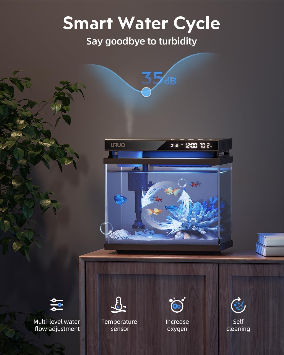 Kit de acuario inteligente para pecera: bomba de agua silenciosa de vidrio UHD de 2 galones, sistema de autolimpieza, control de temperatura, difusor de aceite esencial con humidificador, luces de 7
