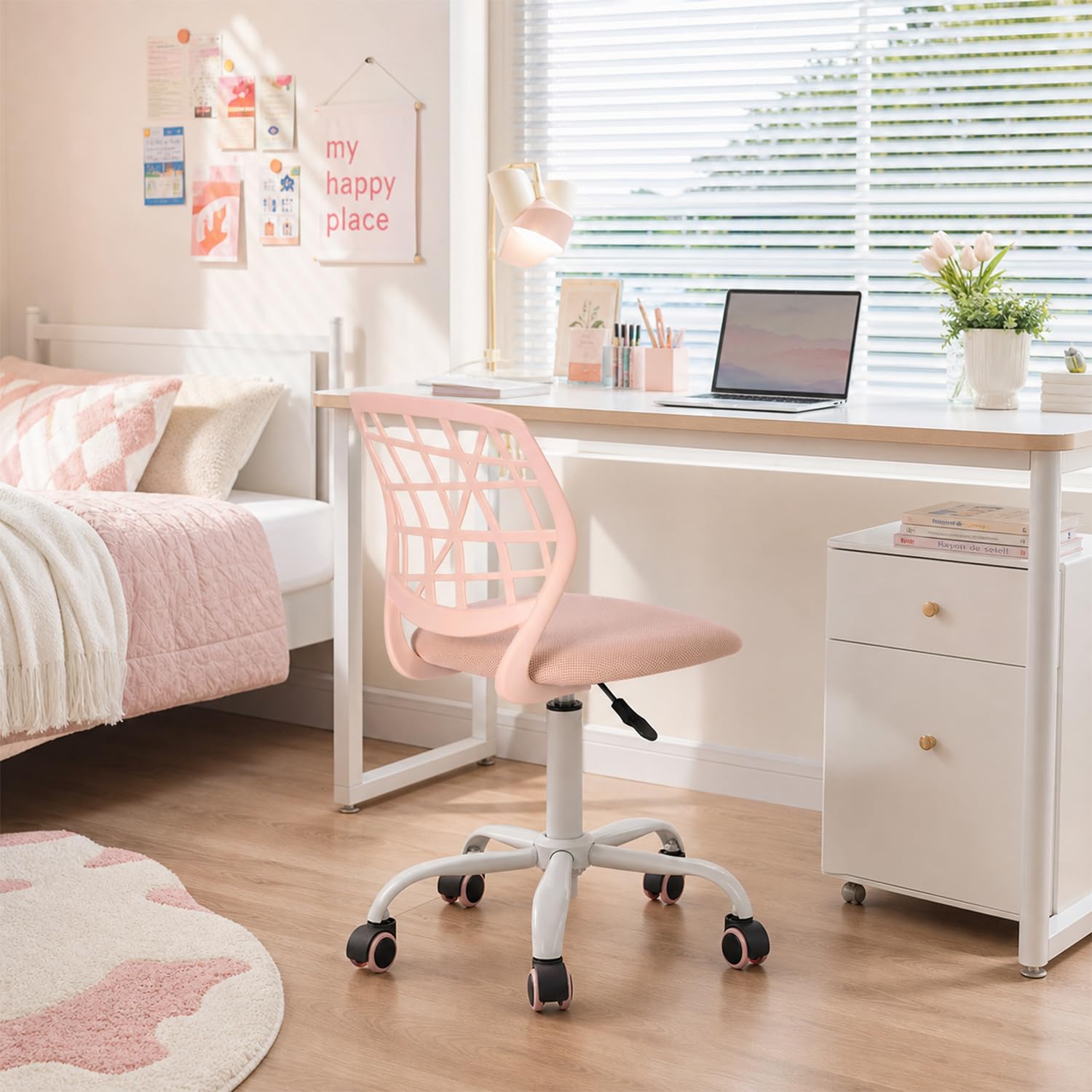 Meuble Cosy Ergonomiczne krzesło biurowe, obrotowe siedzisko z regulacją wysokości, krzesło komputerowe bez podłokietników, do telepracy, nauki i sypialni, koralowo-różowy