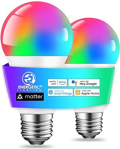 Energetic Matter - Bombilla LED inteligente A19, bombillas E26 RGB que cambian de color, funciona con AlexaGoogle HomeApple HomeSmartThings,