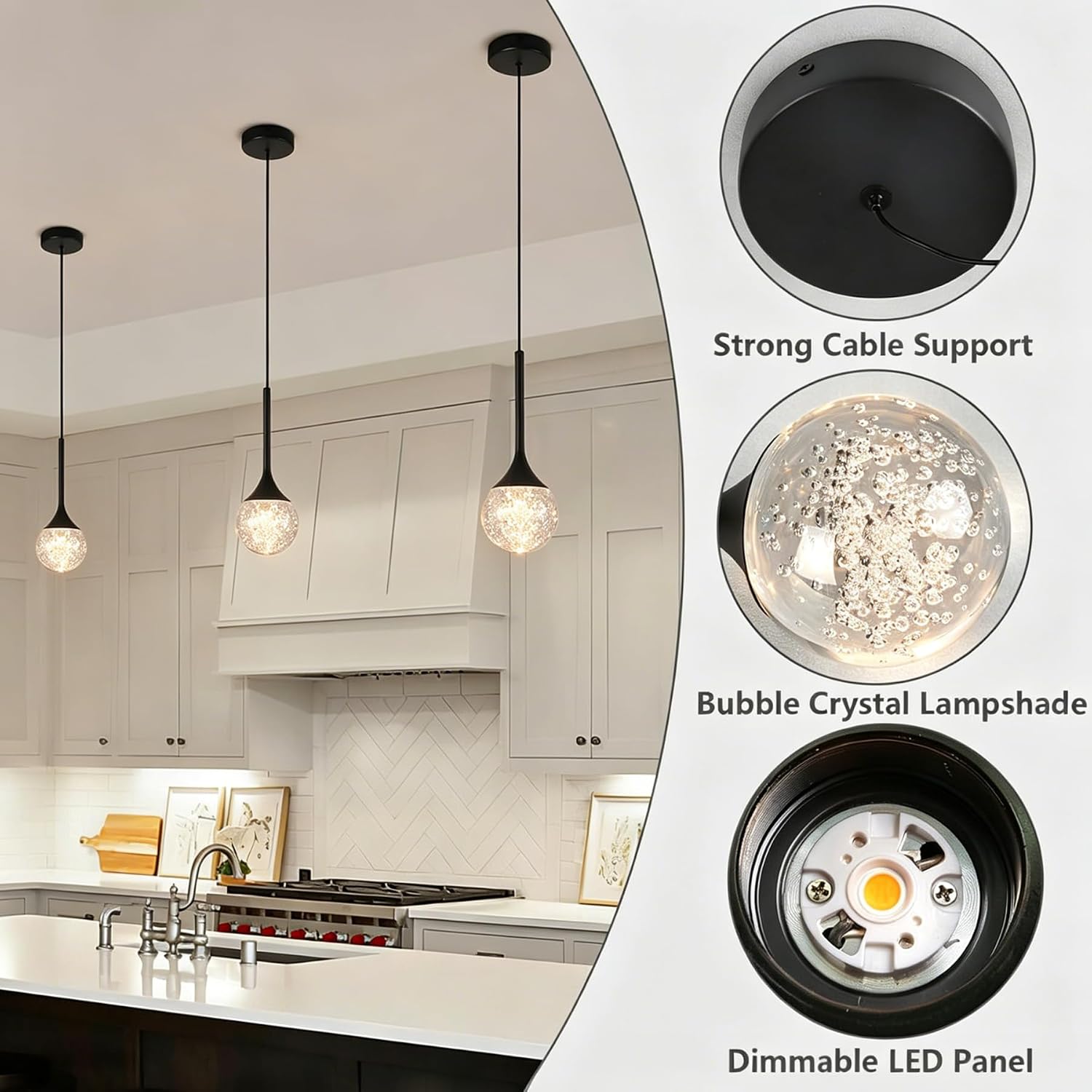 Black Pendant Lights Kitchen Island, Bubble Crystal Globe Ceiling Hanging Light Fixture, Dimmable LED Light Fixture for Kitchen Island Dining Room Bar Bedroom, 3000K