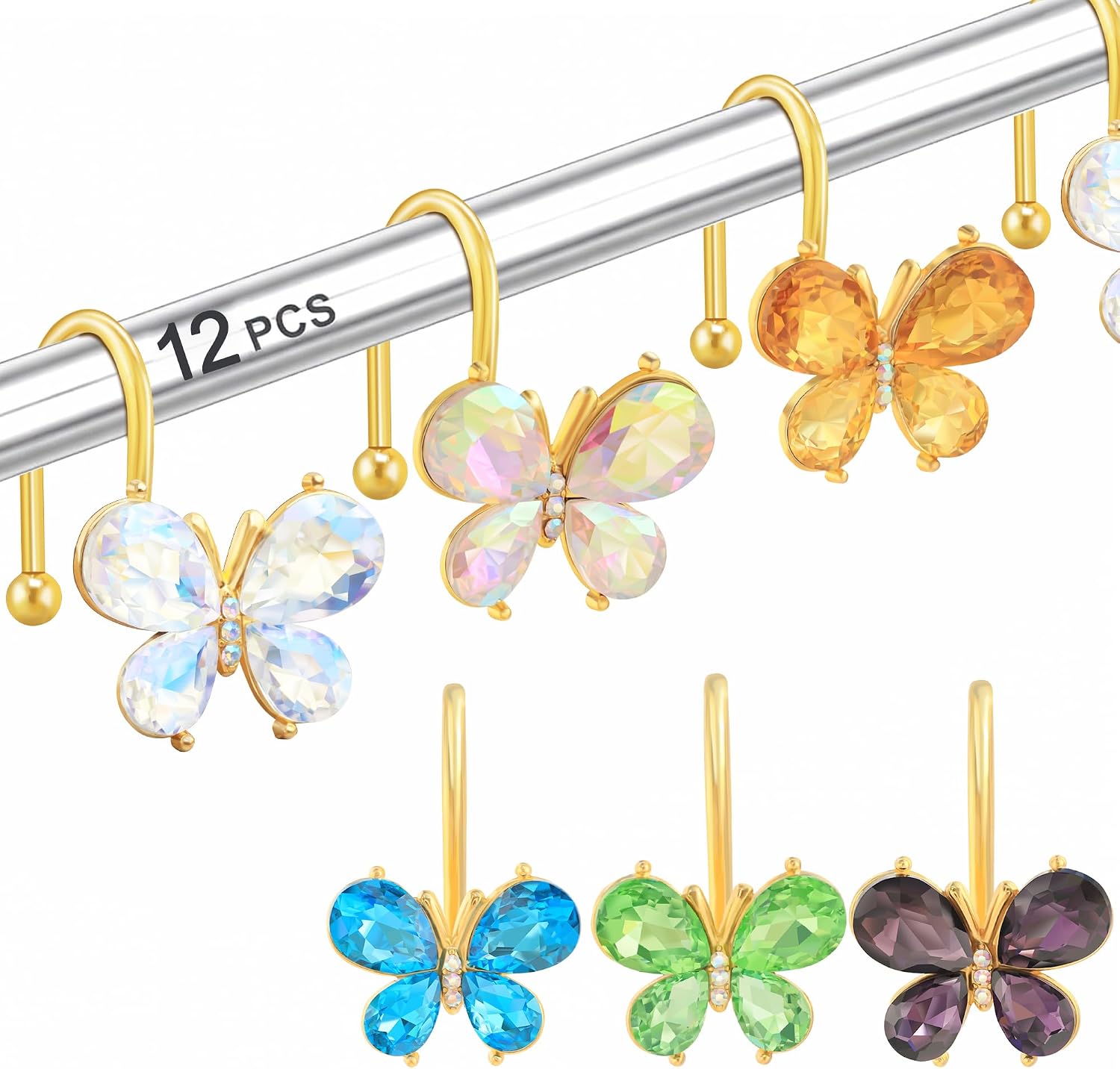 Shower Curtain Hooks,12Pcs Rust Resistant Glitter Crystal Butterfly Metal Decorative Shower Rings Hangers for Bathroom Curtains, Clothing, Towels (Multicolor)
