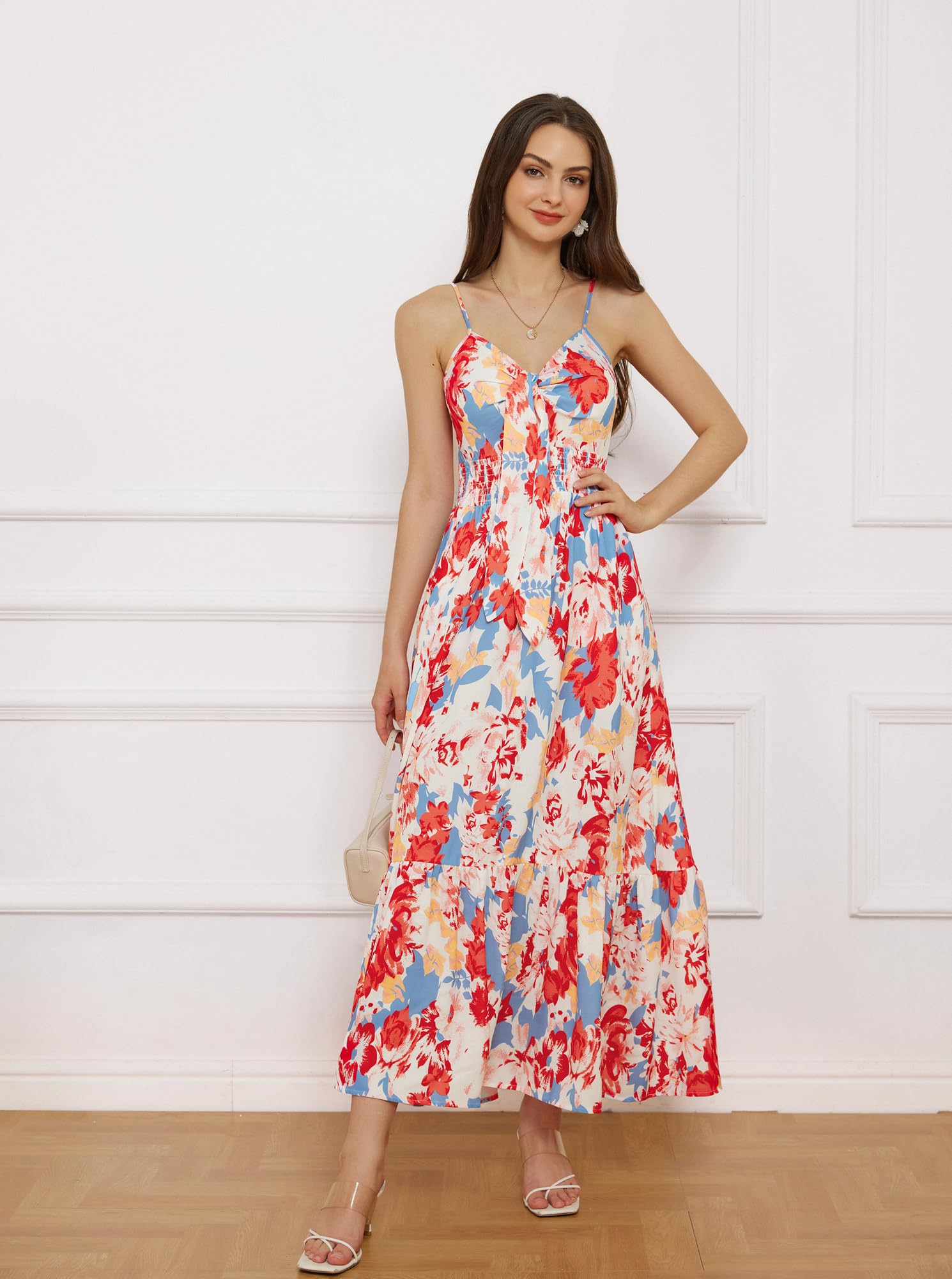 GRACE KARIN Maxi abito estivo da donna 2025, motivo floreale, con laccetto frontale, casual, bohémien, da spiaggia, con tasche