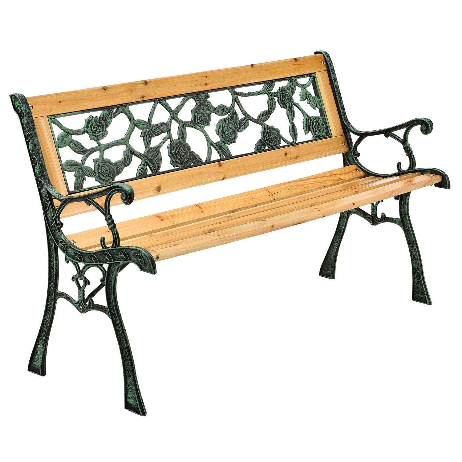 Juskys Banc de Jardin - Banc en Bois 2 Places avec accoudoirs & Dossier - Banc résistant aux intempéries 122x54x73 cm - éléments latéraux en Fonte- Naturel, Modèle Venezia