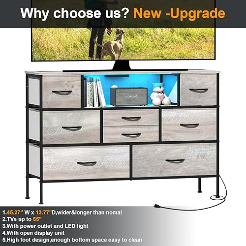 Miniatura 4 de Simoretus Cómoda larga con estación de carga y luz LED para dormitorio, 8 cajones de tela de poliuretano, cómoda ancha con toma de corriente,