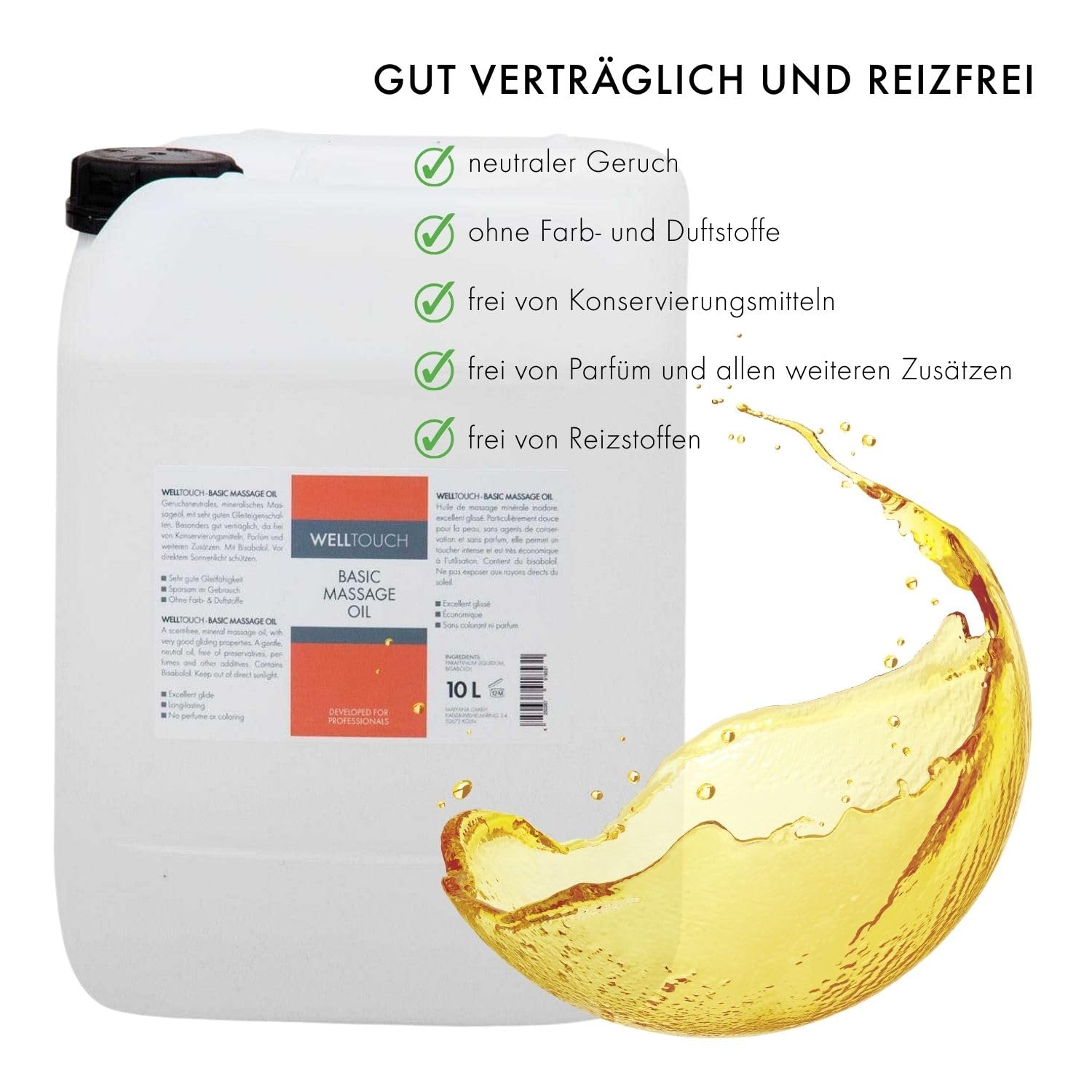 WellTouch Basic Massage Oil,10-Liter-Kanister, neutral, reizfrei, sparsam im Verbrauch, Massage-Öl in Profi-Qualität für Physiotherapie, Spa & Wellness