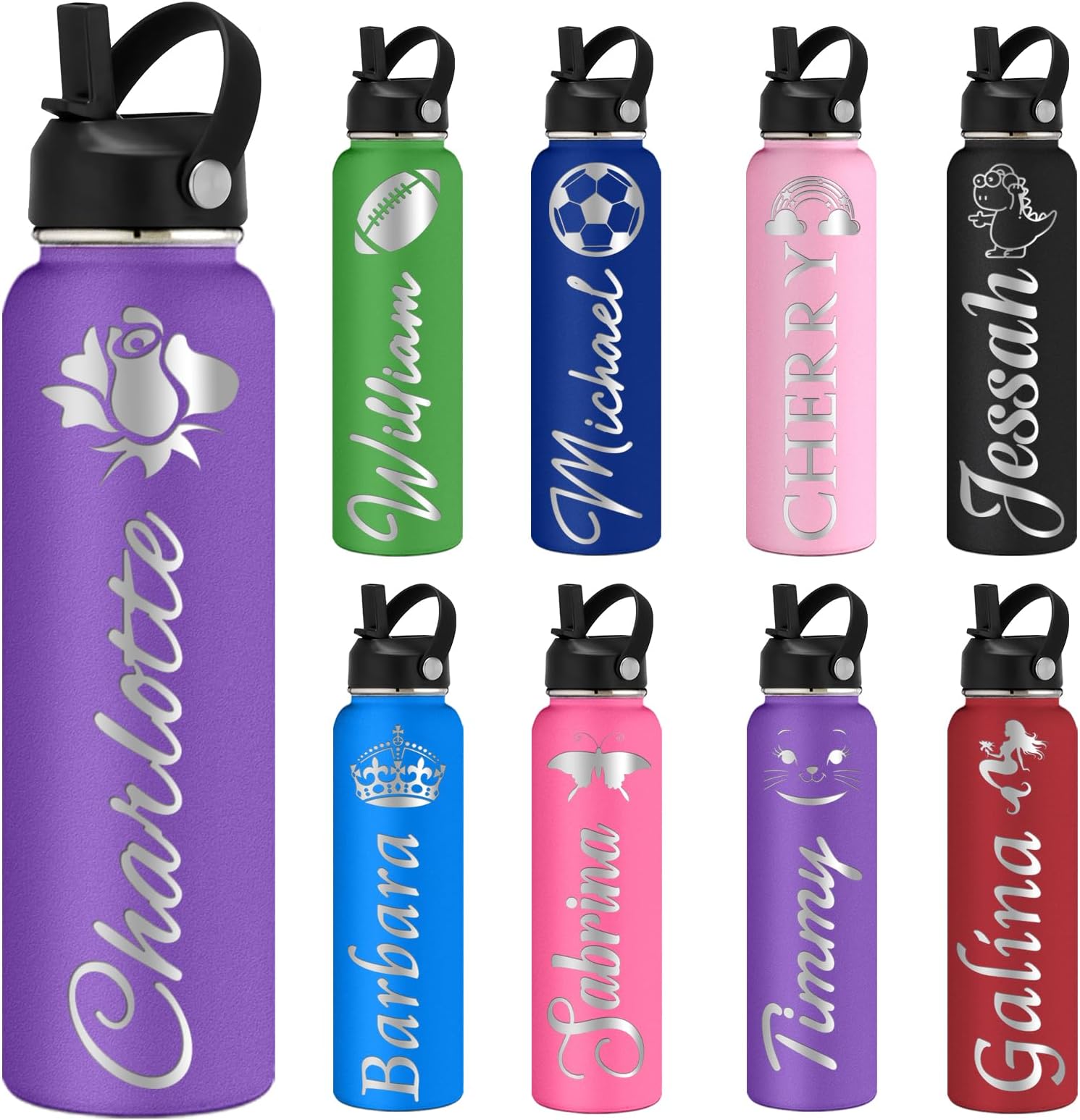 Custom Water Bottles Personalized with Straw Lid 24 oz Customized Stainless Steel Water Bottles with Engraved Names Double Wall Insulated for School Sports