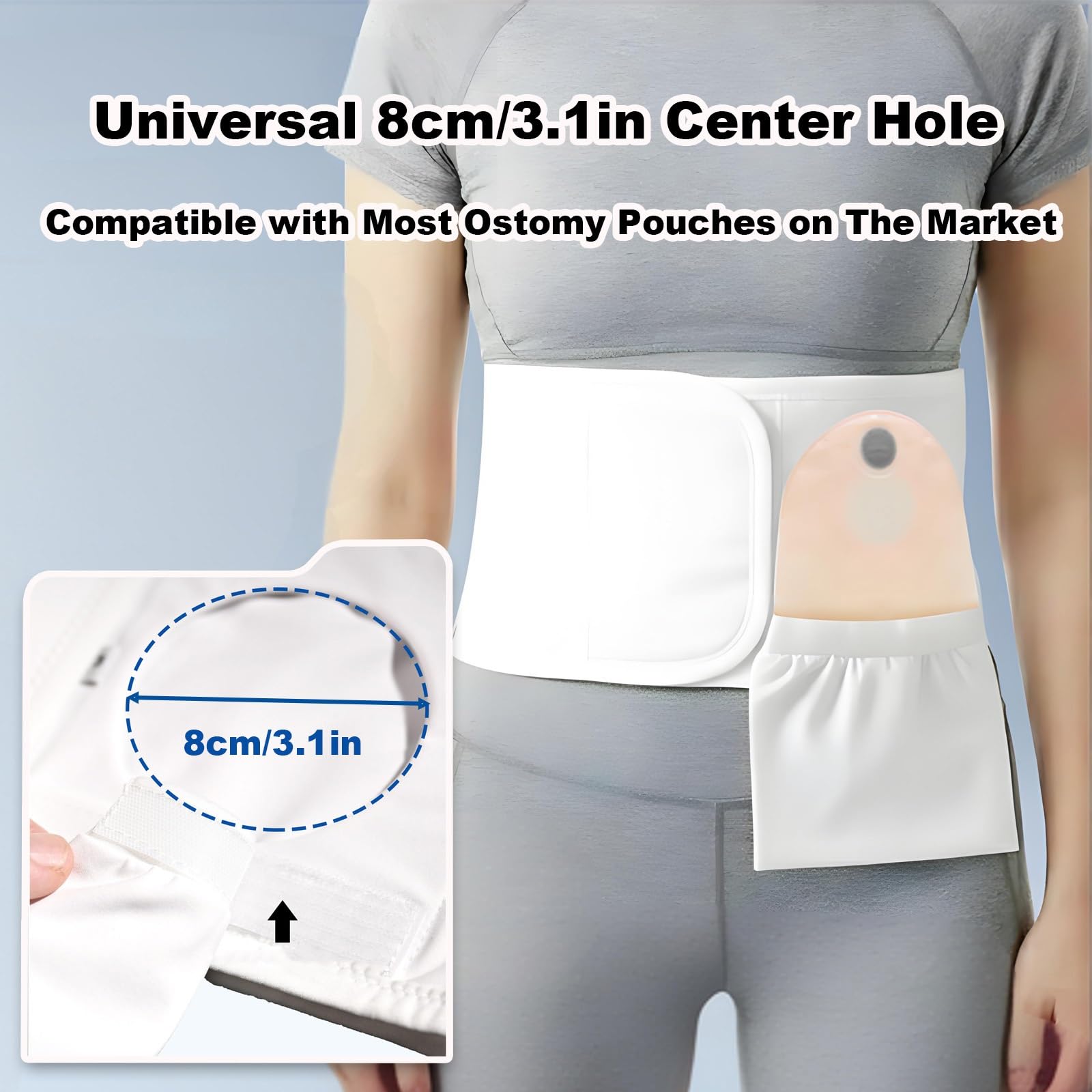 Verstellbarer Stoma Bandage, Weißer Stoma Zubehör für Frauen, Stomagürtel Zur Vorbeugung von Parastomalen Hernien, 3,1 Zoll Lochdurchmesser(Small)