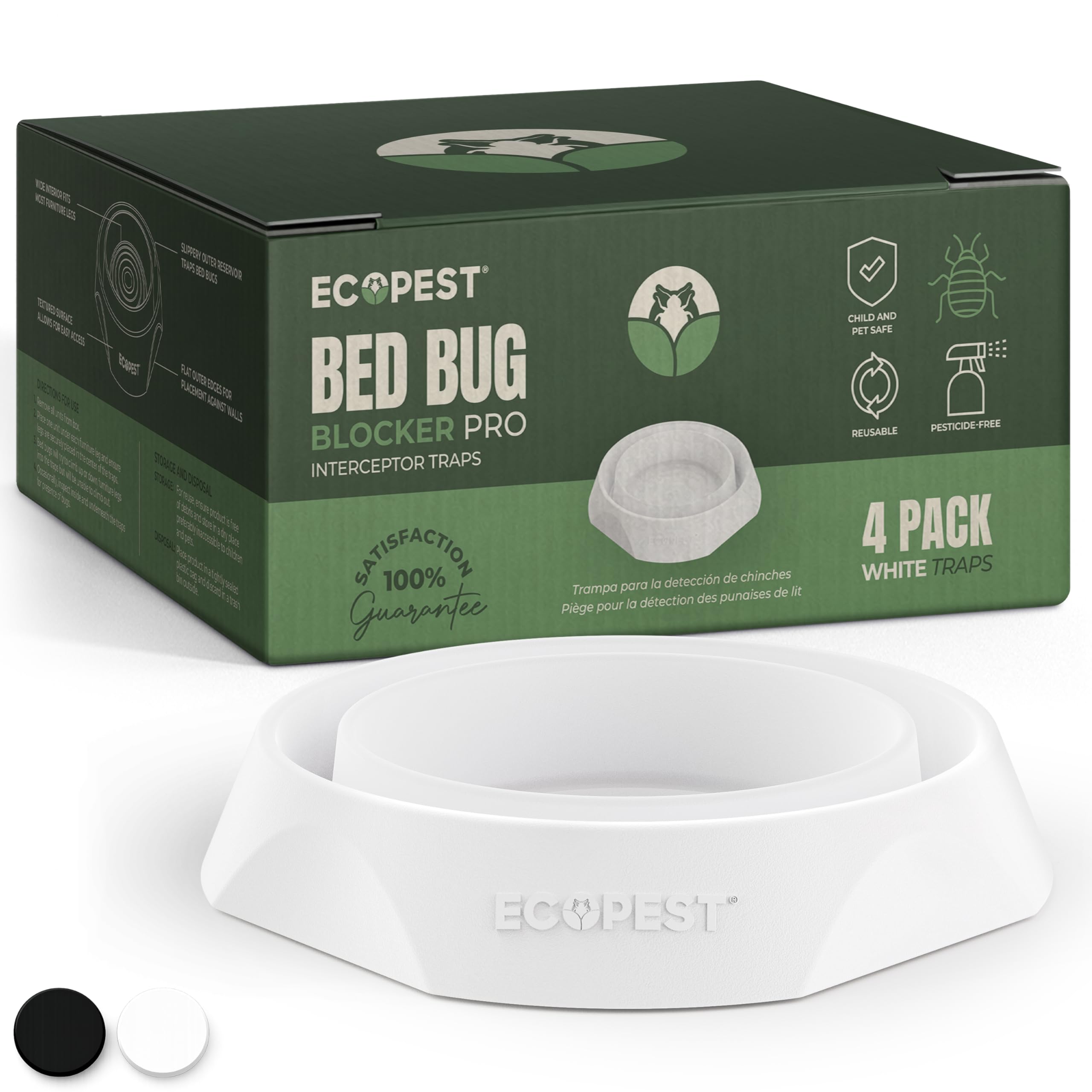 Ecopest White Bed Bug Interceptors – 4 Pack | Bed Bug Blocker (Pro) Interceptor Traps (White) | Eco Friendly Insect Trap For Bed Legs | No Chemicals Or Pesticides | Monitor, Detector, And Trap For Bed Bugs