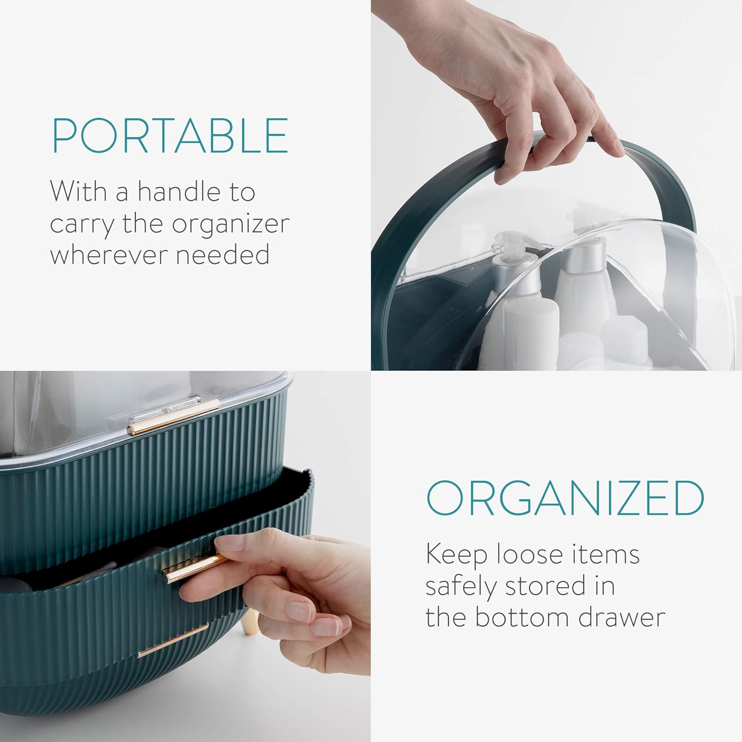 Navaris Makeup Organizer Storage Box - Cosmetics, Skincare and Beauty Case with Clear Lid Display and 2 Drawers - Bathroom Counter or Vanity - Green : Beauty & Personal Care
