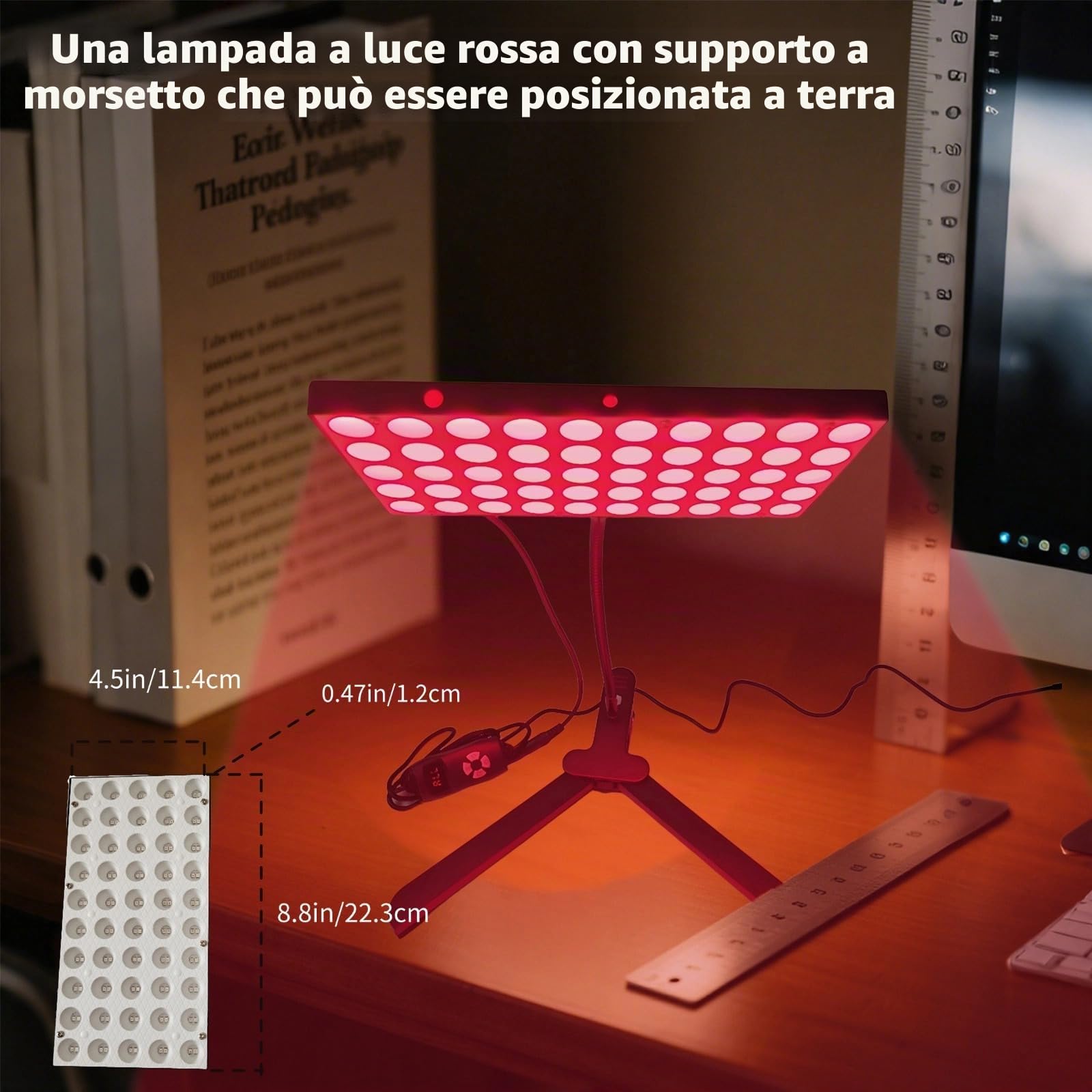 Lampada per terapia a infrarossi portatile a morsetto, 100 LED 660 nm e 850 nm, 30 W, 5 livelli di luminosità, collo d'oca e angolo regolabili, timer e protezione per gli occhi per il viso e il