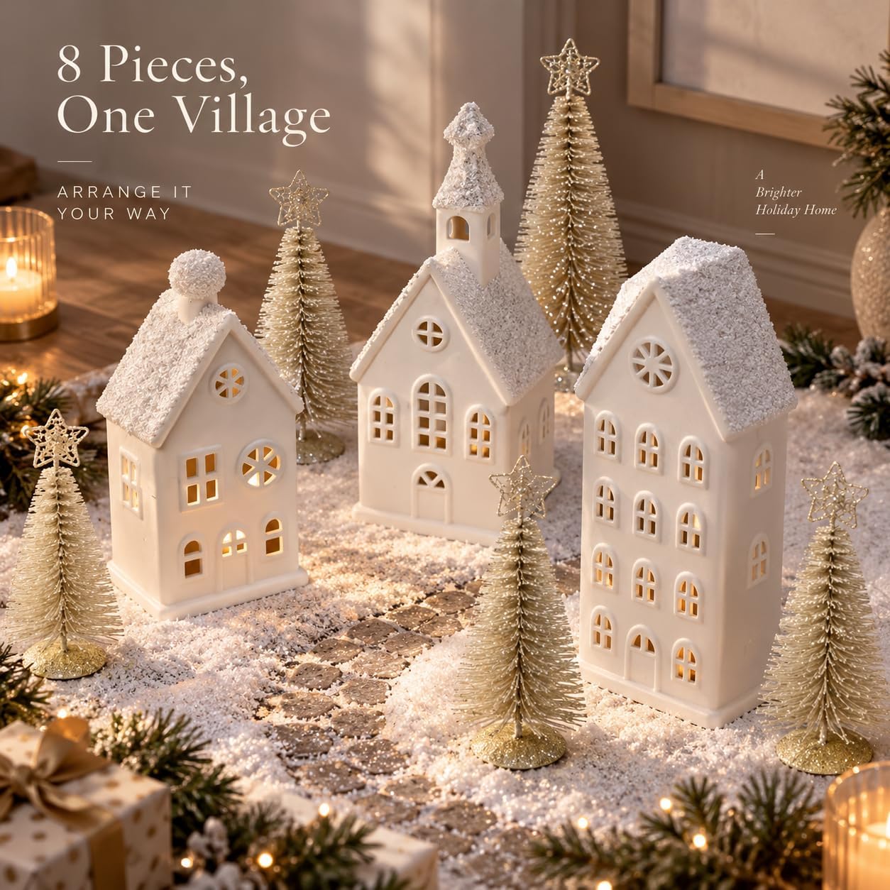 Christmas Village Sets, 8-Piece Modern White Christmas Decorations Indoor
