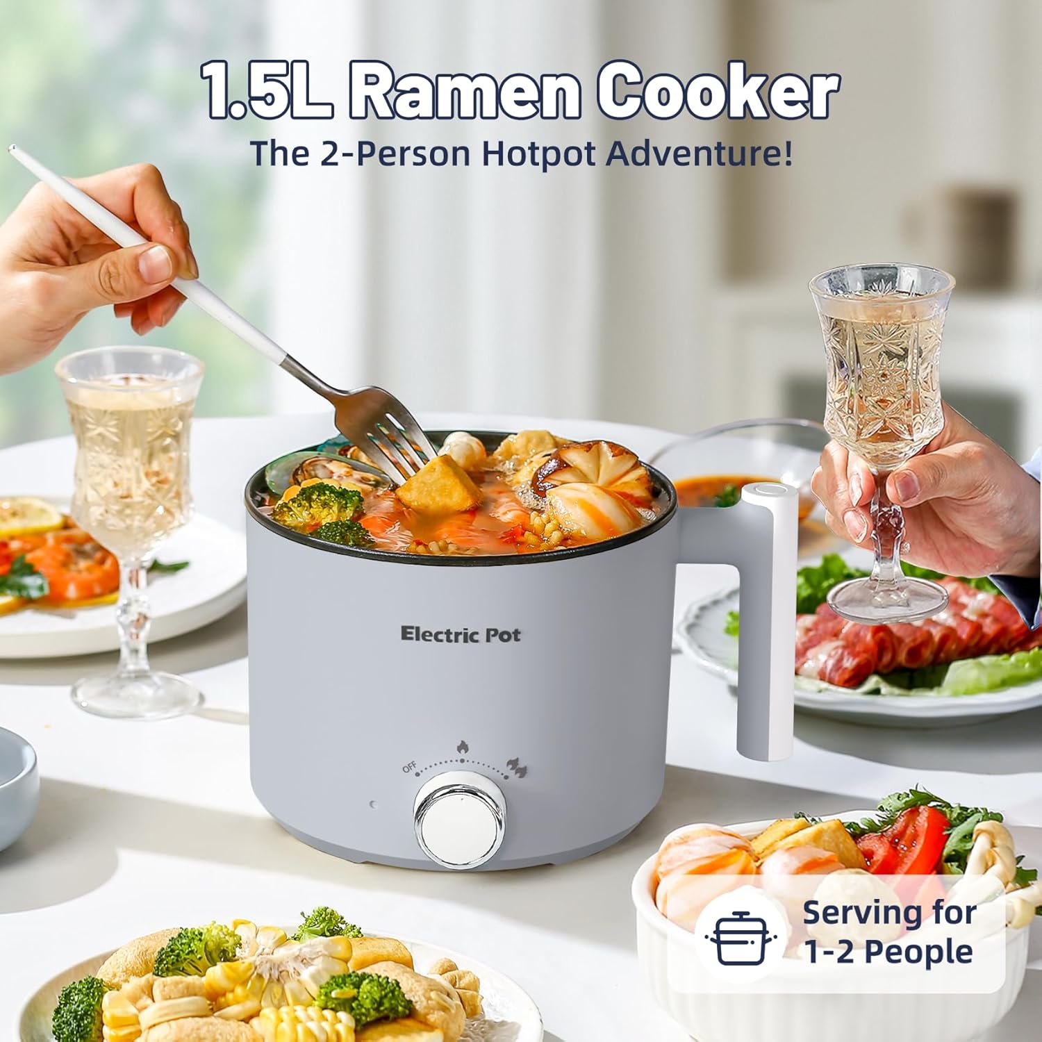 Electric Hot Pot :1.5L Mini Ramen Cooker with Overheat & Boil-Dry Protection, Suitable for Noodles, Soup, Oatmeal, College Dorm Office Travel Essentials (Grey, 1.5L)