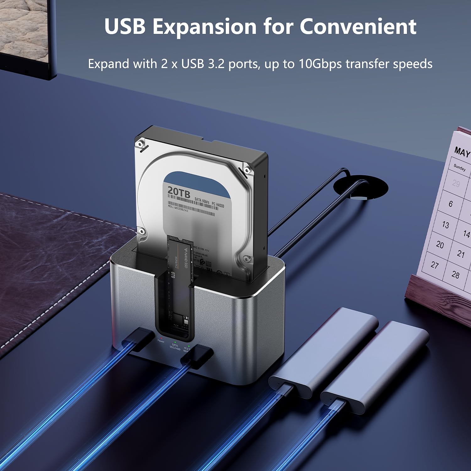 Enclosure per disco rigido a 2 alloggiamenti per HDD/SSD SATA da 2,5" e 3,5" e SSD M.2 NVMe, interfaccia USB 3.2 da 10 Gbps, fino a 28 TB