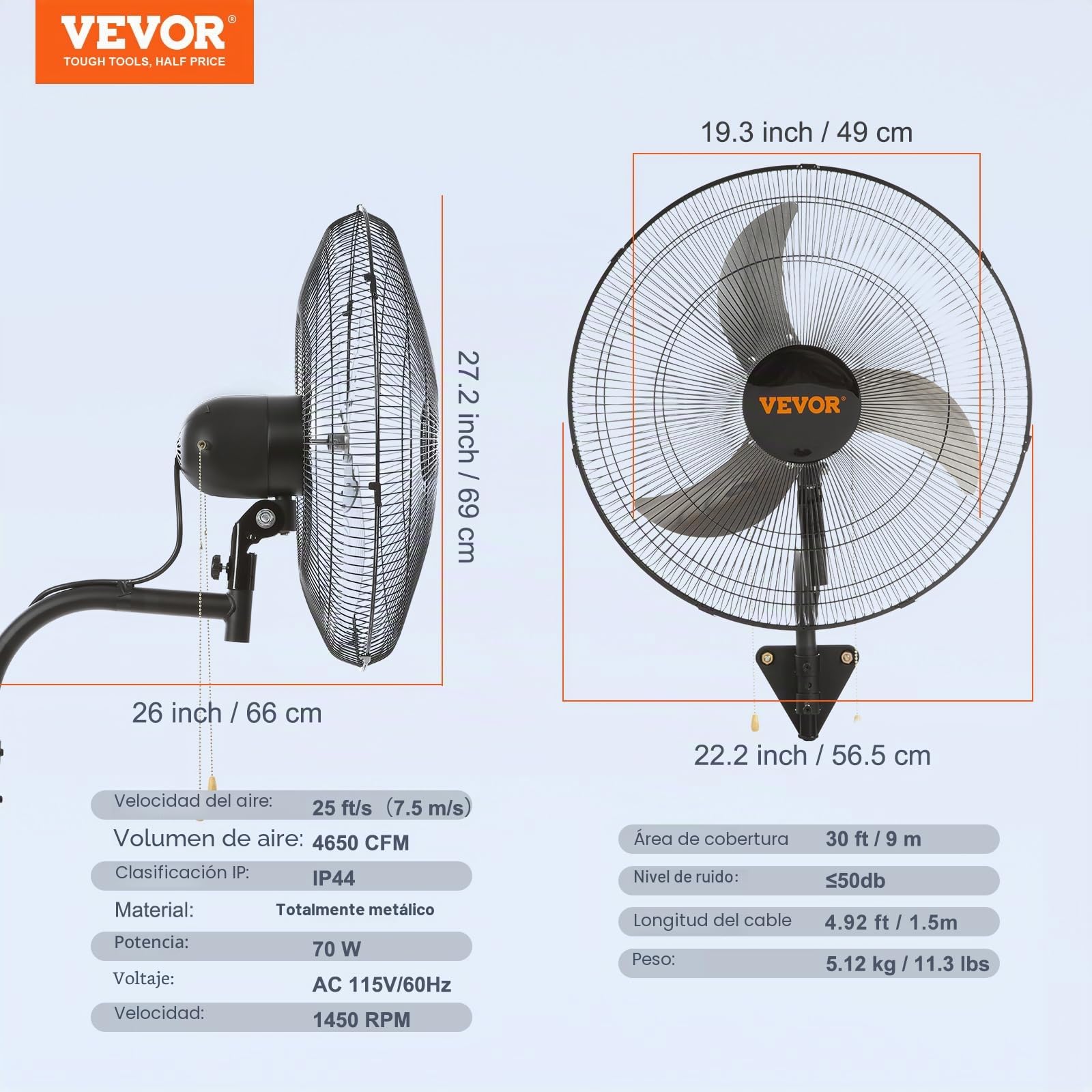 VEVOR Ventilador de Montaje en Pared, 49 cm, 3 Velocidades de Alta Velocidad Máx. Ventilador de Pared Industrial Oscilante de 4650 CFM, Comercial o Residencial para Almacén, Invernadero, Negro,