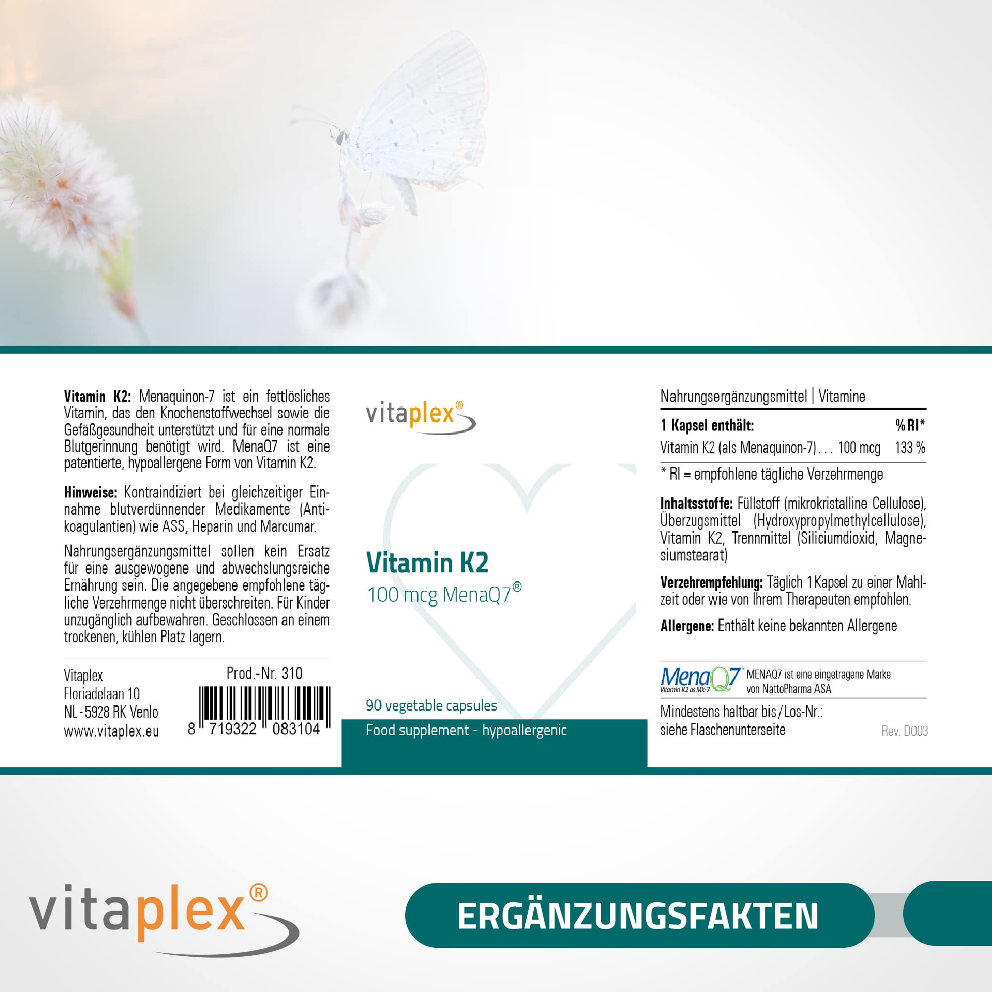 Vitamin K2 Kapseln hochdosiert MK-7 (100 mcg, 90 Tabletten) - natürliche Vitamin K2 D3 Therapie - fettlösliches MK 7 Vitamin K2