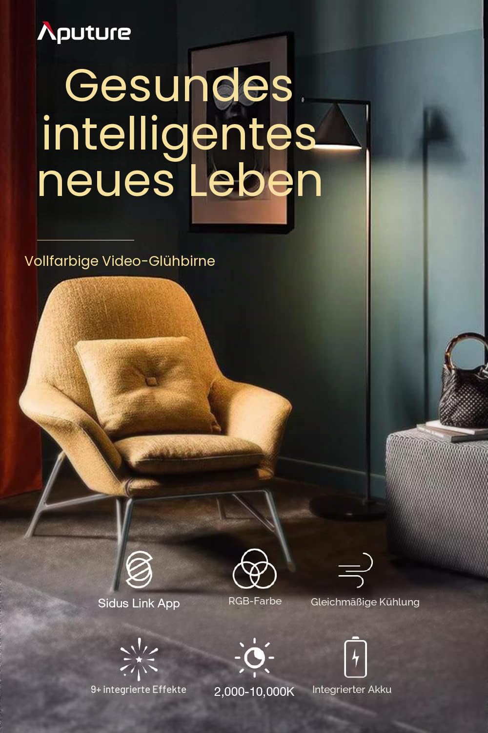 Aputure Accent B7C Smart Led Glühbirnen 7W RGBWW, TLCI 96+ CRI 95+ 2.000-10.000K, Einstellbar 0-100% Stufenlos Dimmbar, CCT/HSI/FX Modus Sidus Link App, Steuerung Eingebaute Batterie/AC Power